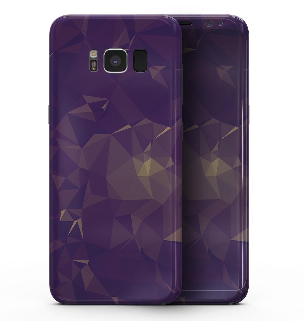 Samsung Galaxy S8 with abstract purple and gold geometric shapes skin, showcasing vibrant colors and sleek design.