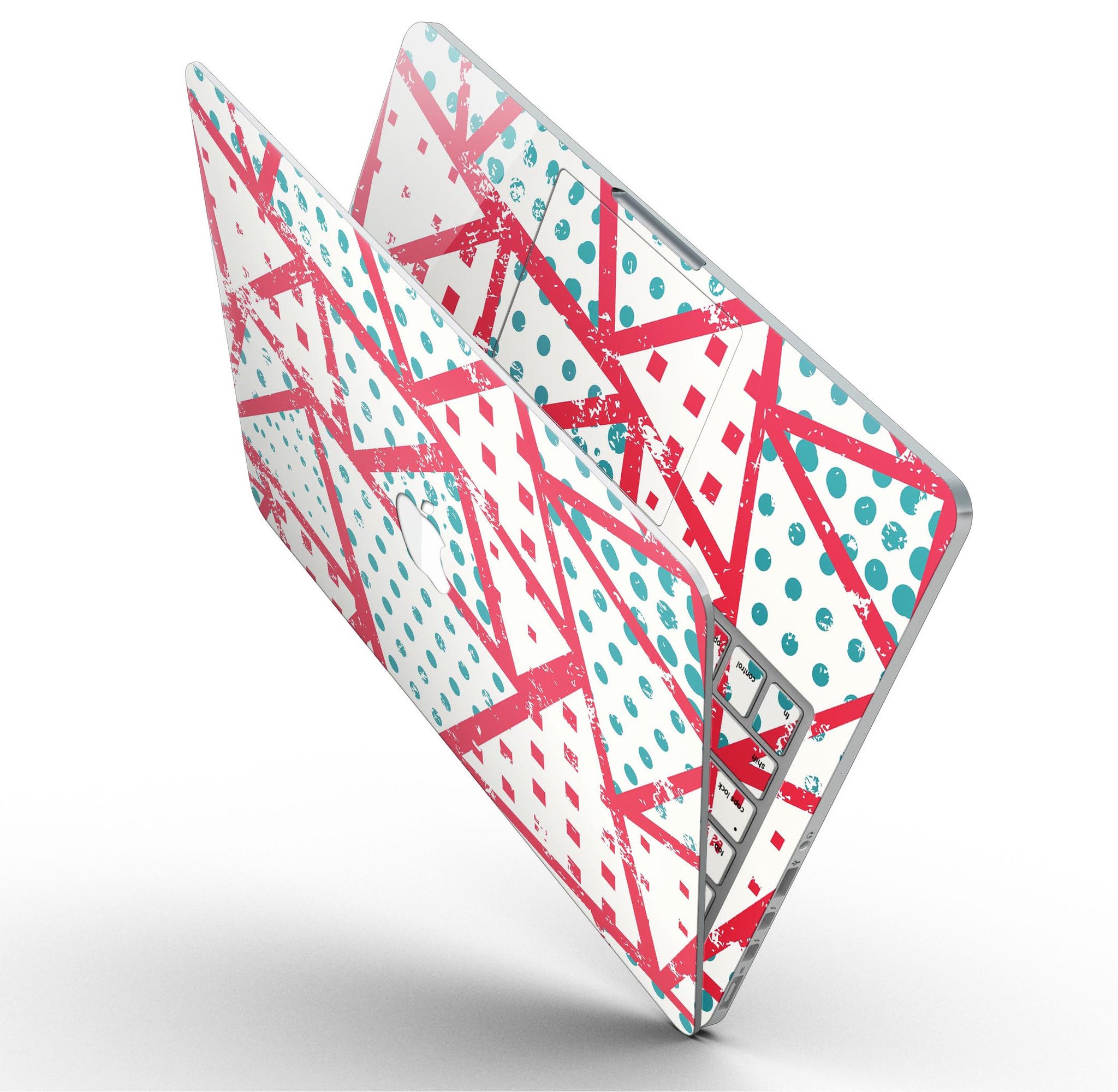 Abstract Red and Teal Overlaps skin for MacBook Pro with Retina Display, showcasing vibrant colors and a sleek design.