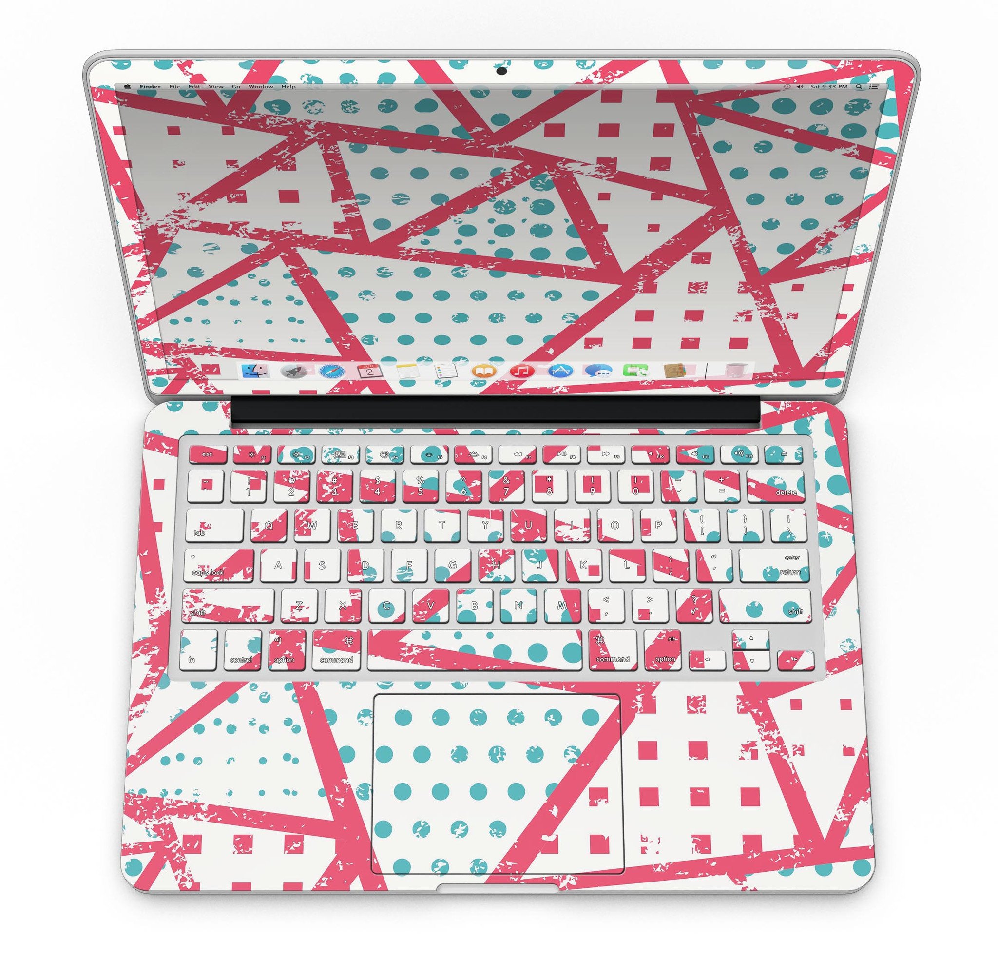 Abstract Red and Teal Overlaps skin for MacBook Pro with Retina Display, showcasing vibrant colors and a sleek design.