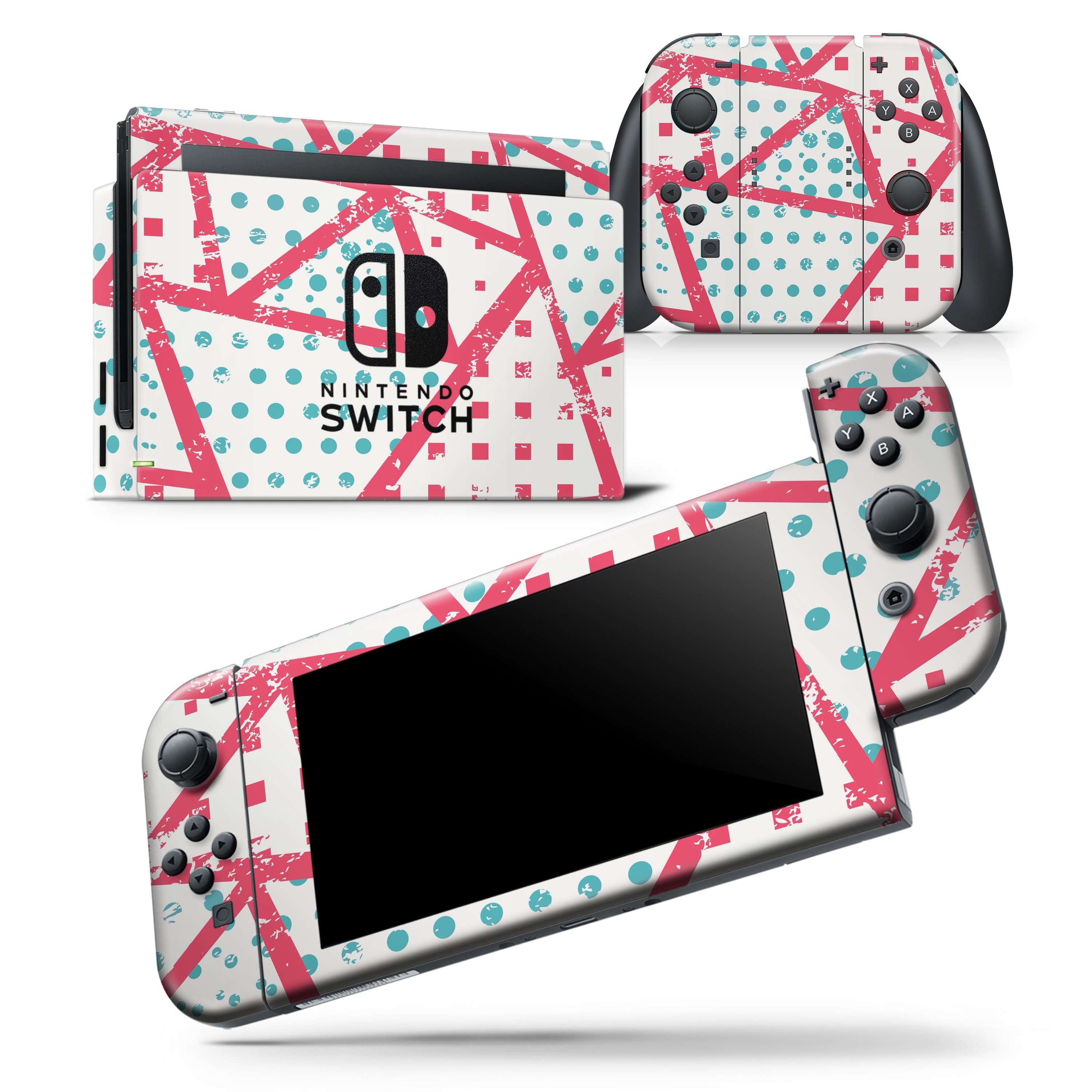 Abstract Red and Teal Overlaps skin wrap decal for Nintendo Switch, showcasing vibrant colors and a sleek design.