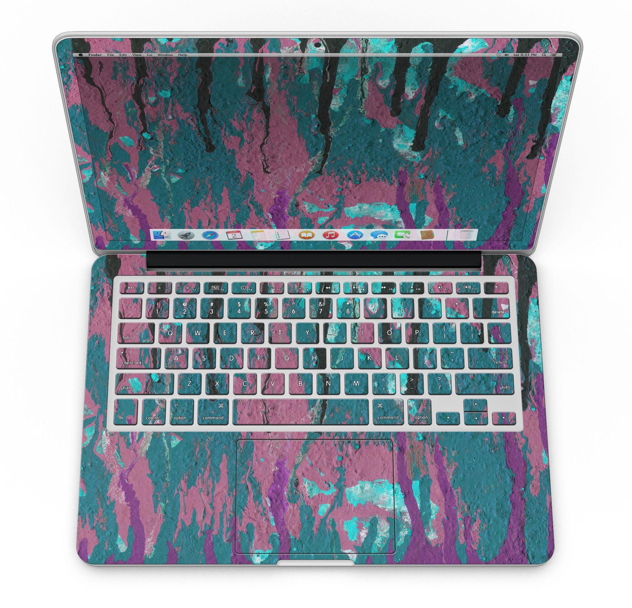 Abstract Retro Pink Wet Paint skin for MacBook Pro with Retina Display, showcasing vibrant colors and a sleek design.