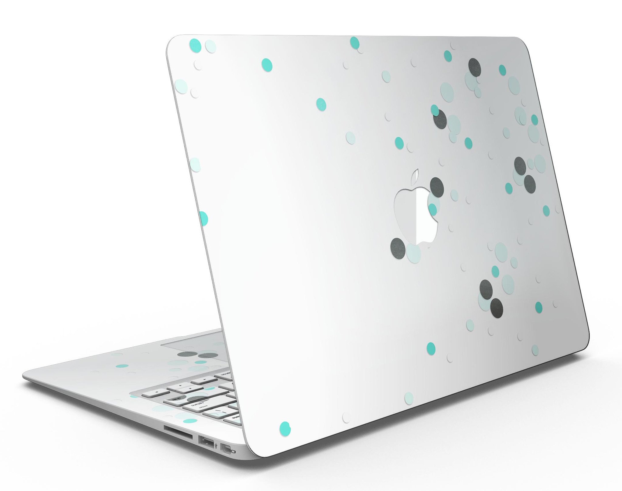 Abstract Scattered Black and Teal Dots MacBook Air Skin Kit showcasing vibrant colors and sleek design.