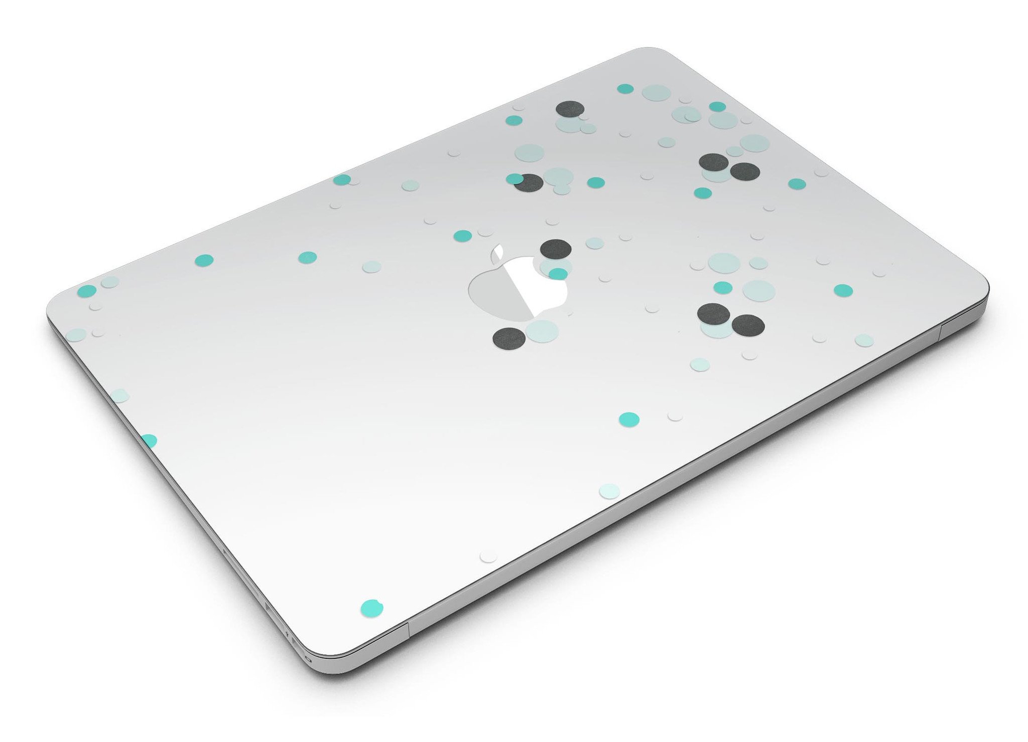 Abstract Scattered Black and Teal Dots MacBook Air Skin Kit showcasing vibrant colors and sleek design.