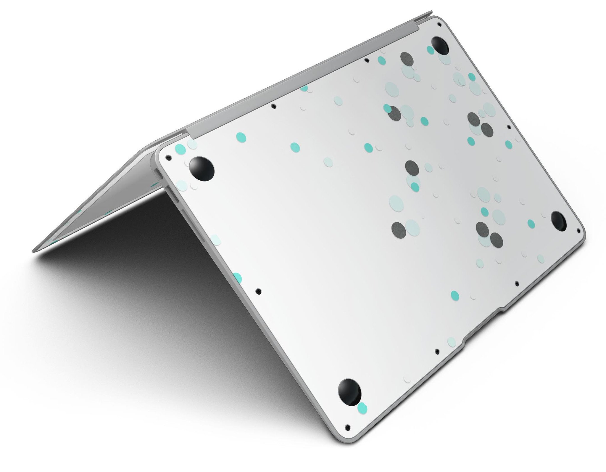 Abstract Scattered Black and Teal Dots MacBook Air Skin Kit showcasing vibrant colors and sleek design.