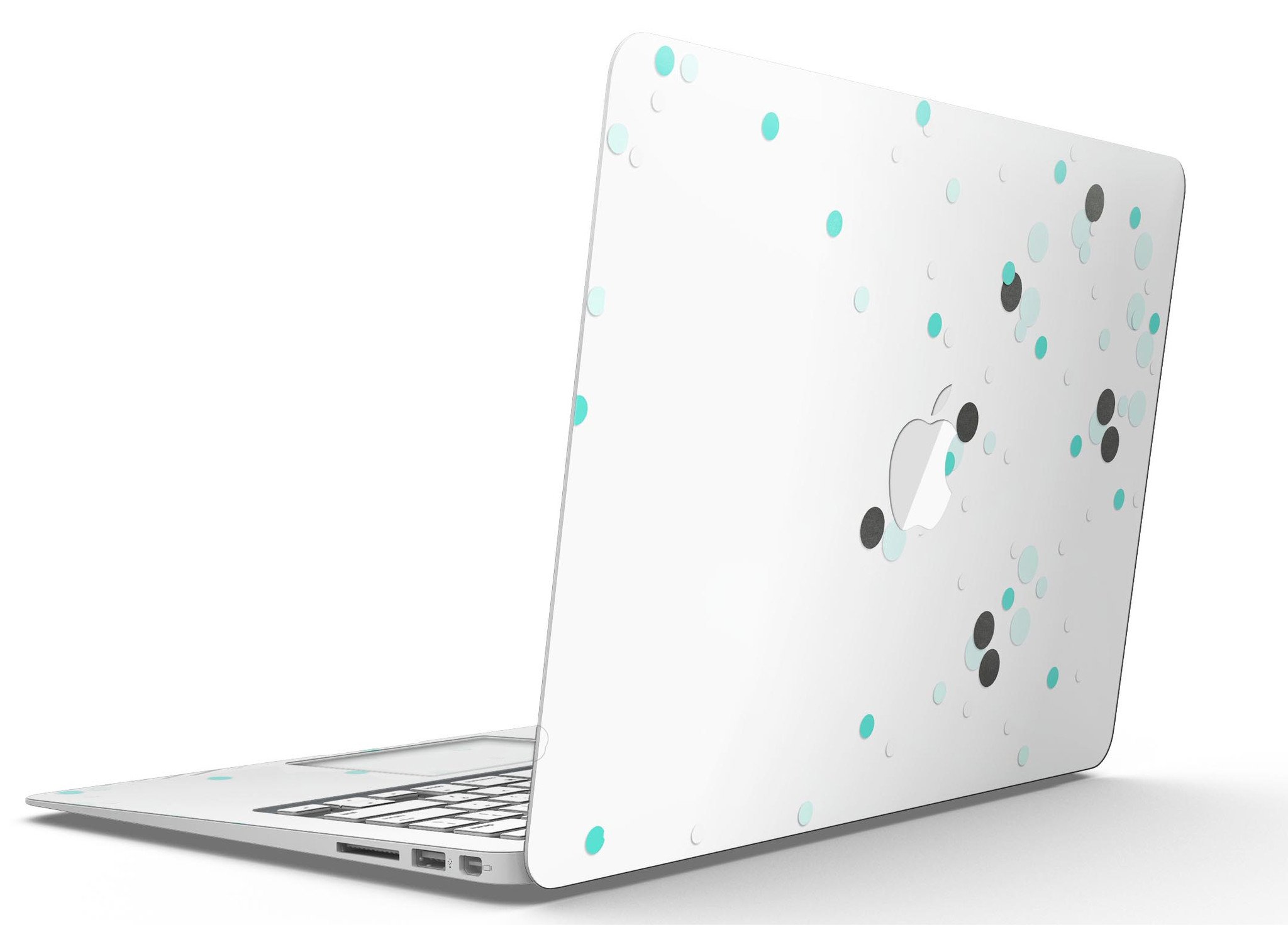 Abstract Scattered Black and Teal Dots MacBook Air Skin Kit showcasing vibrant colors and sleek design.