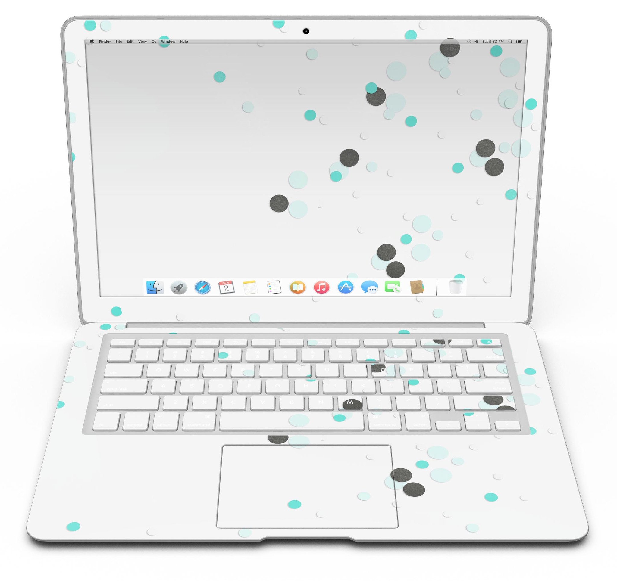 Abstract Scattered Black and Teal Dots MacBook Air Skin Kit showcasing vibrant colors and sleek design.