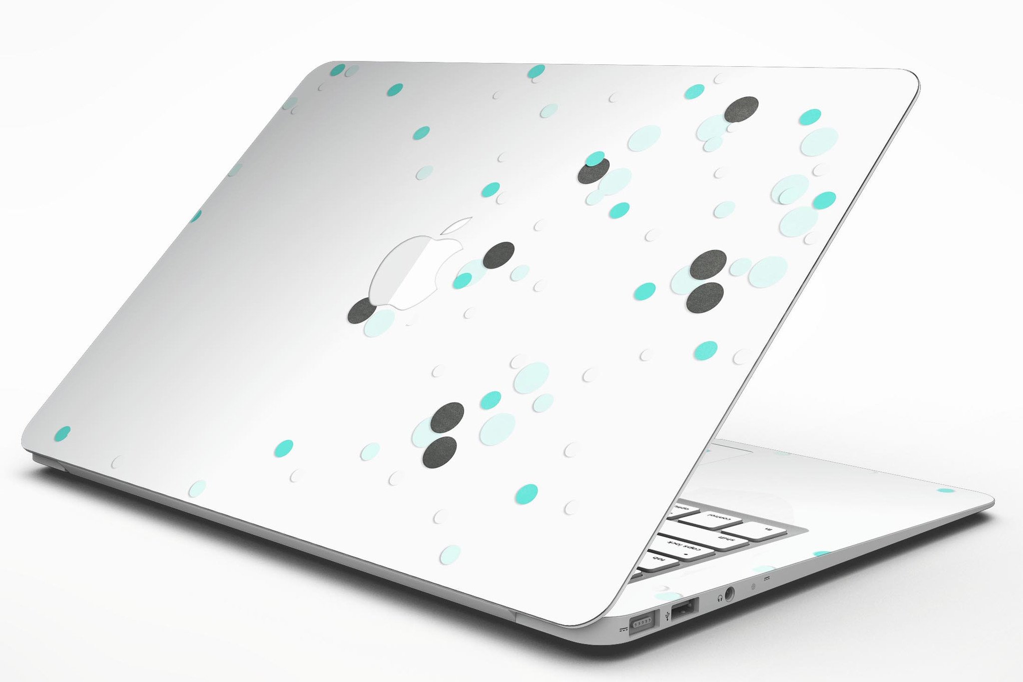 Abstract Scattered Black and Teal Dots MacBook Air Skin Kit showcasing vibrant colors and sleek design.