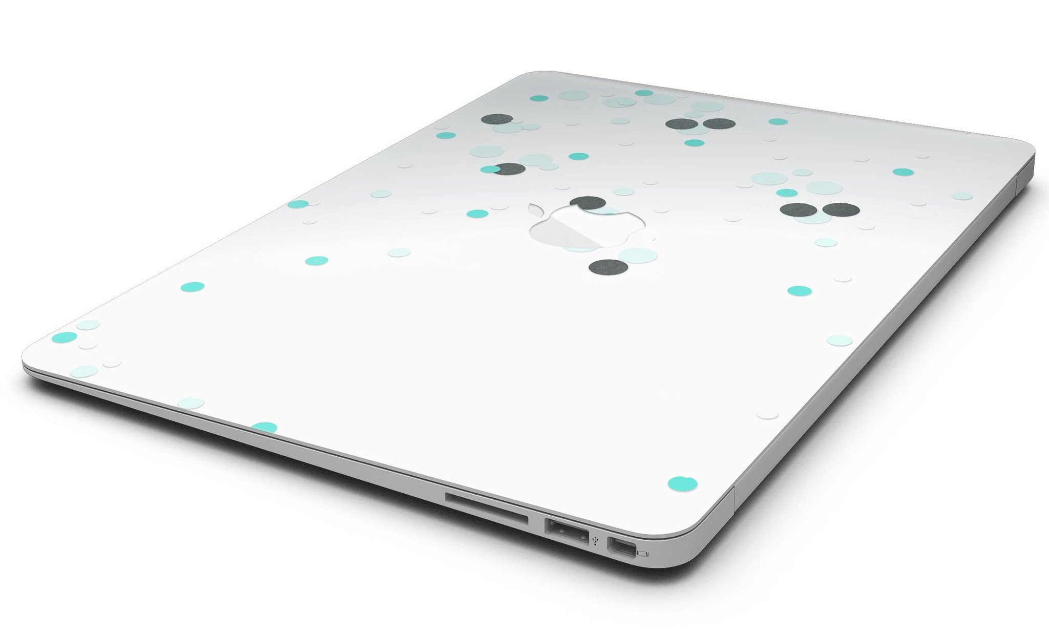 Abstract Scattered Black and Teal Dots MacBook Air Skin Kit showcasing vibrant colors and sleek design.