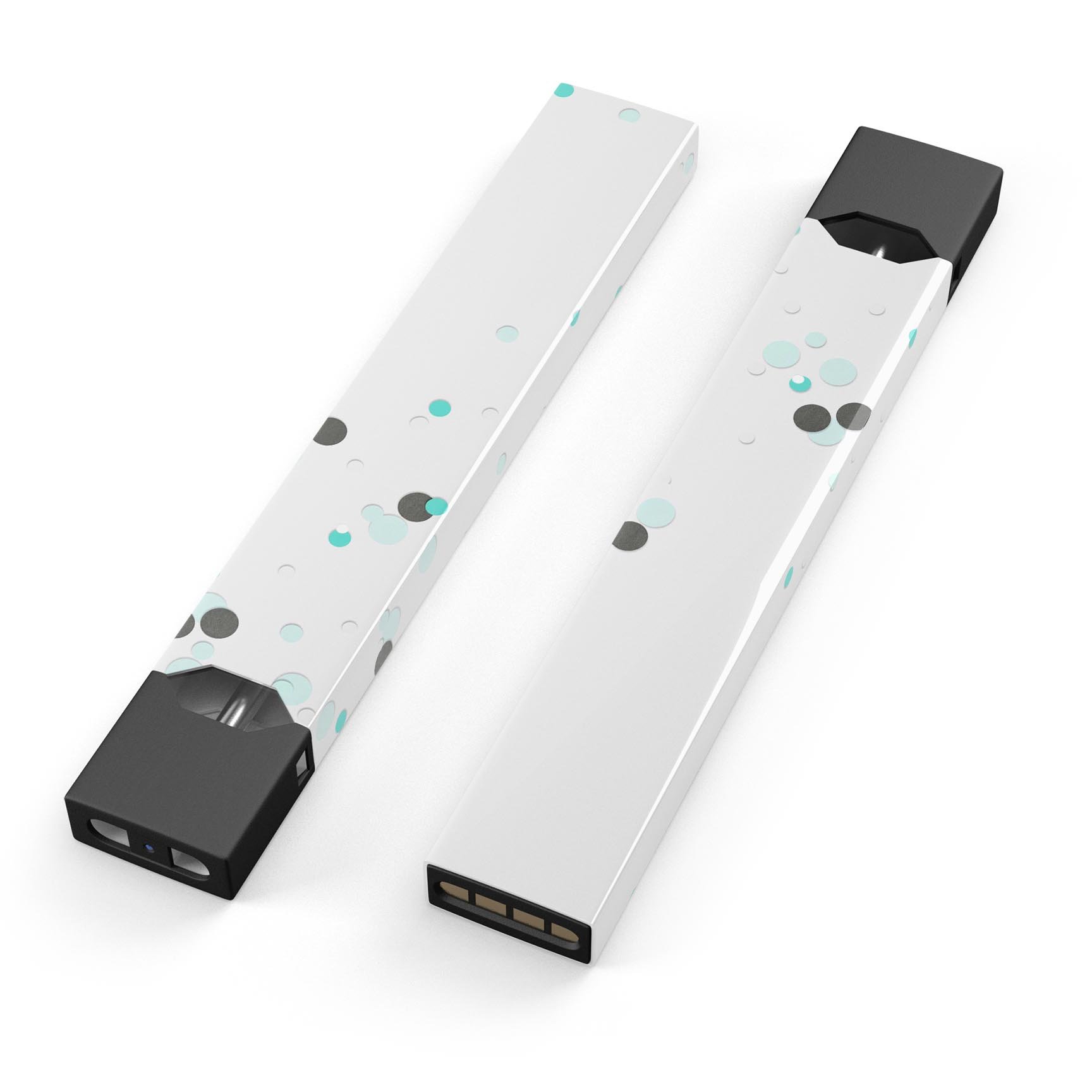 Abstract Scattered Black and Teal Dots decal skin for JUUL vaping device, showcasing vibrant colors and a sleek design.