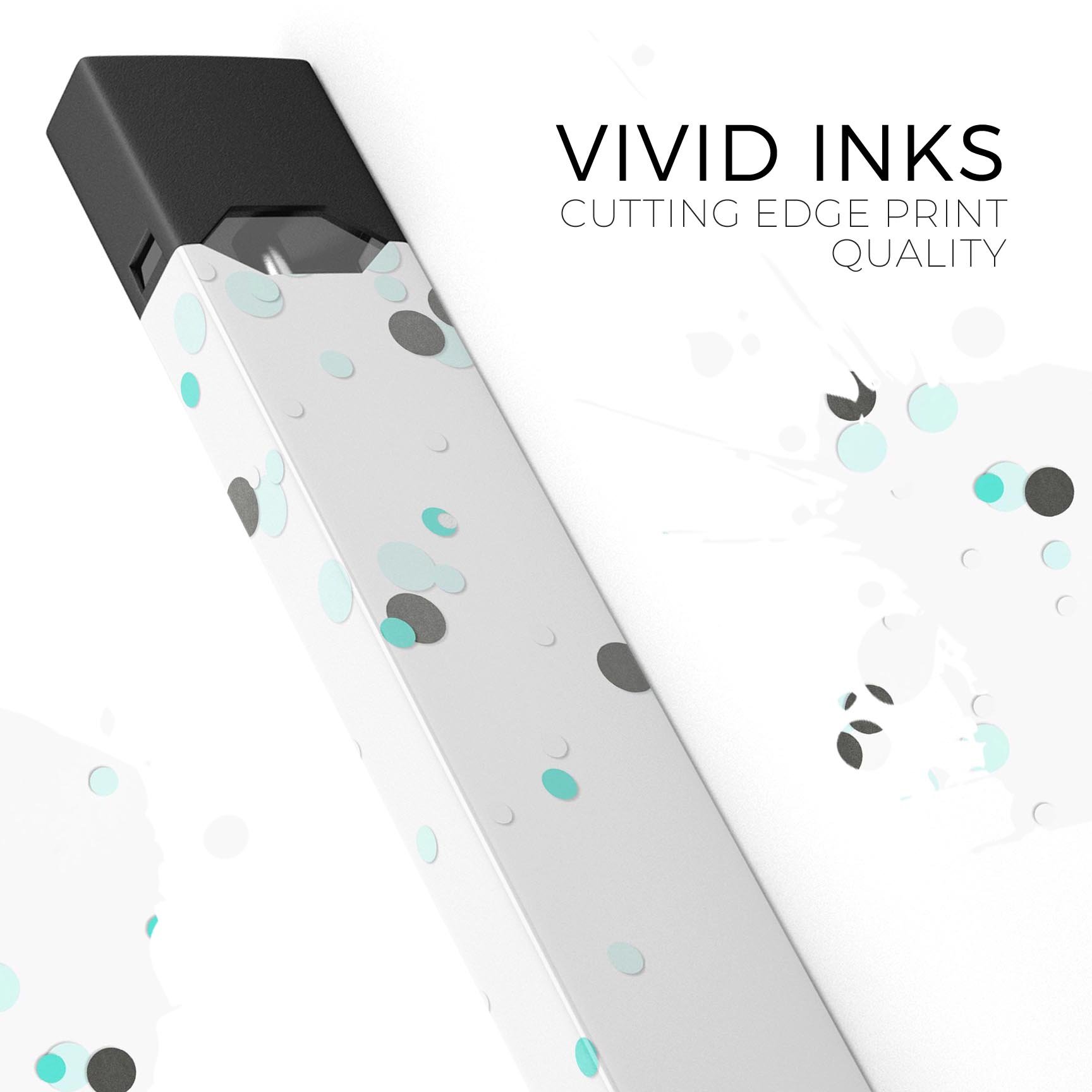 Abstract Scattered Black and Teal Dots decal skin for JUUL vaping device, showcasing vibrant colors and a sleek design.