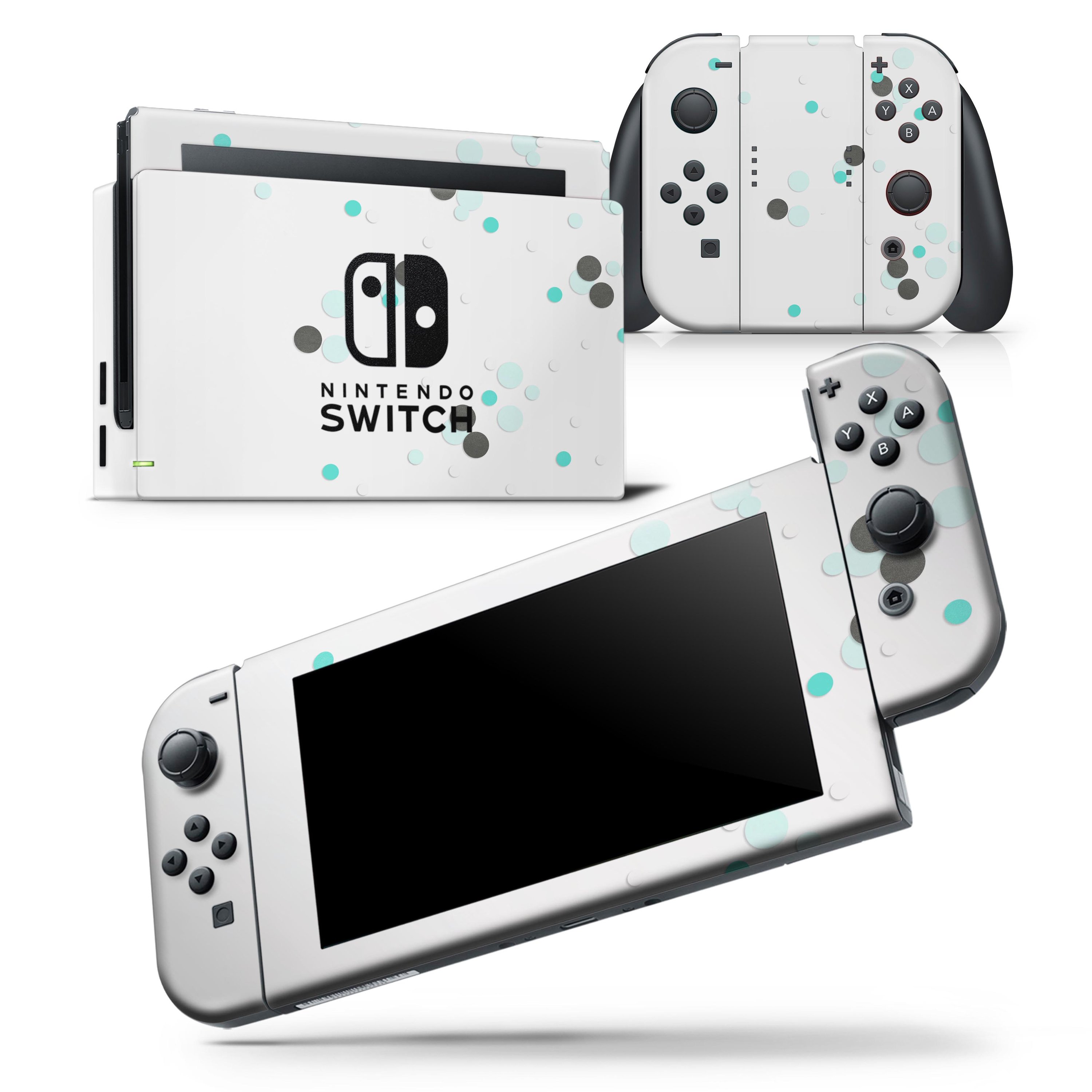 Abstract Scattered Black and Teal Dots skin wrap decal for Nintendo Switch, showcasing a stylish design that fits snugly on the console and controllers.