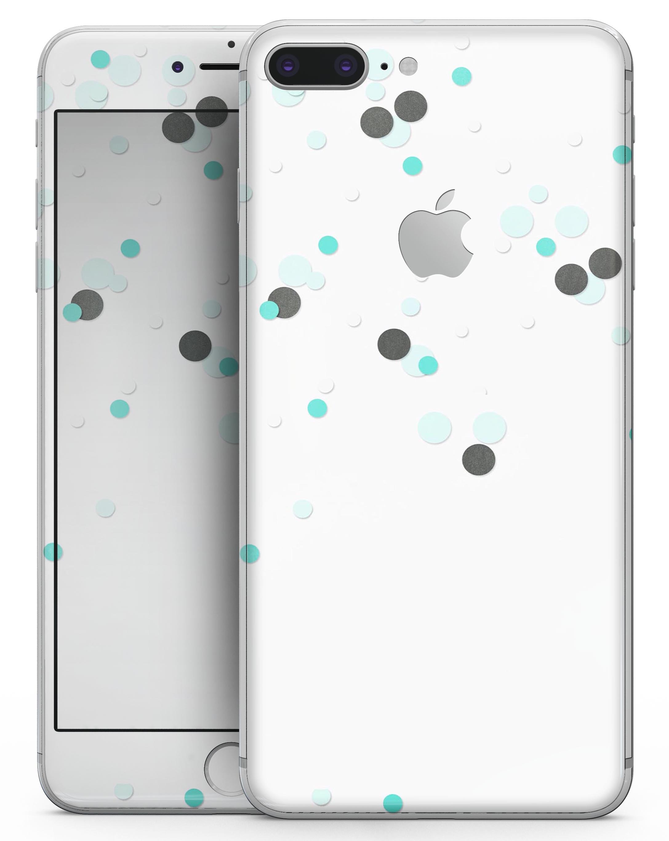 Abstract Scattered Black and Teal Dots skin for iPhone 8 or 8 Plus, showcasing a stylish design with vibrant colors.