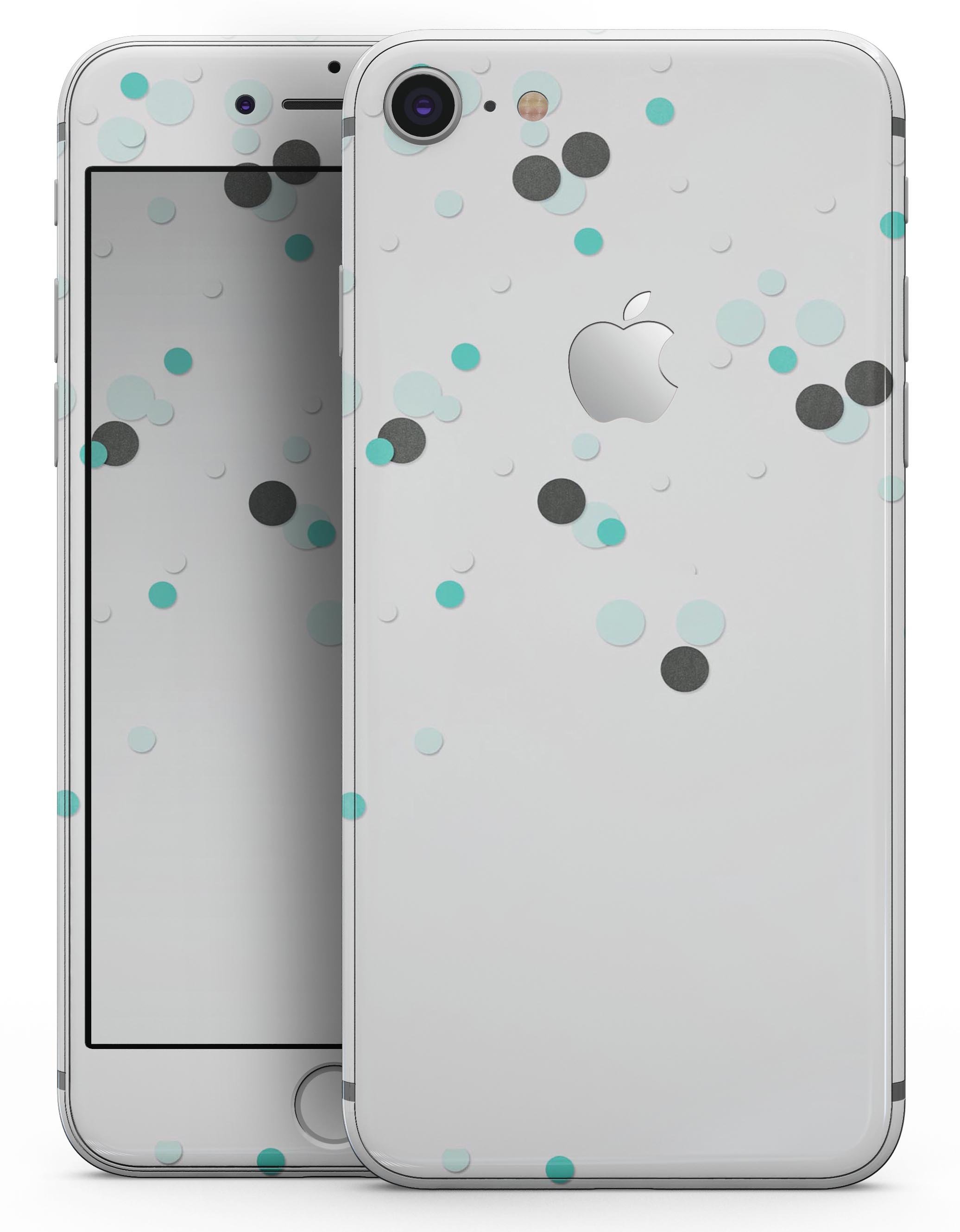 Abstract Scattered Black and Teal Dots skin for iPhone 8 or 8 Plus, showcasing a stylish design with vibrant colors.