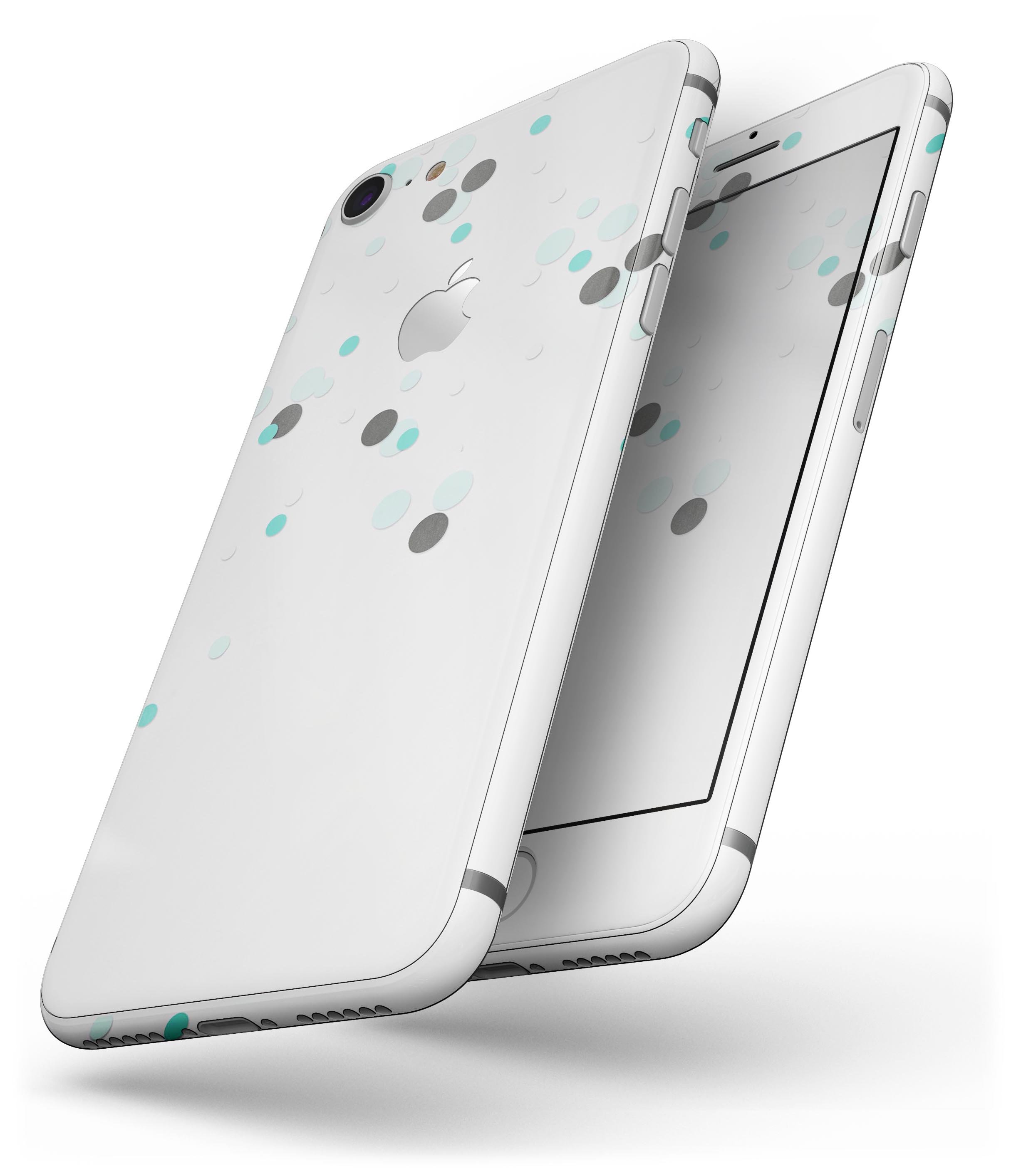 Abstract Scattered Black and Teal Dots skin for iPhone 8 or 8 Plus, showcasing a stylish design with vibrant colors.