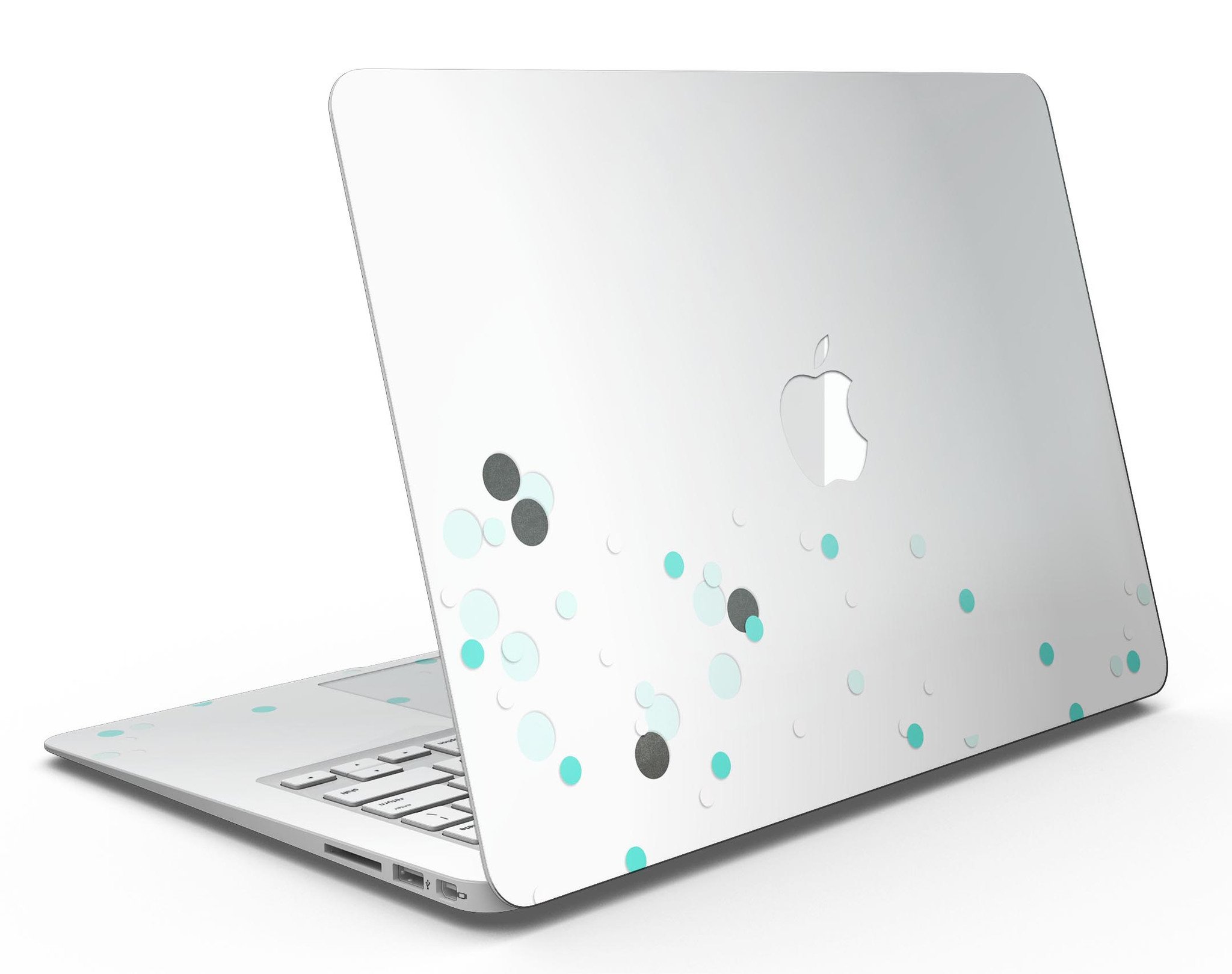 Abstract Scattered Teal Dots skin kit for MacBook Air, showcasing vibrant teal dots on a sleek surface.