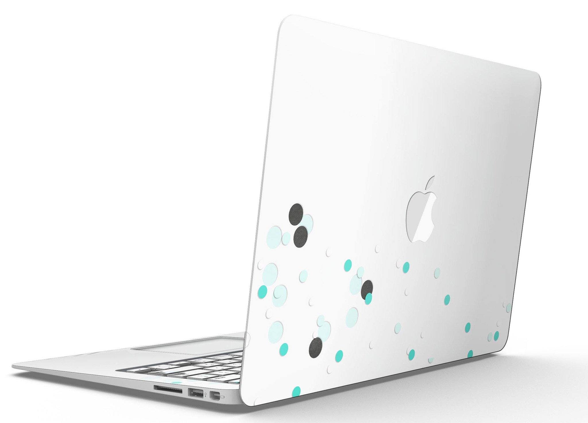 Abstract Scattered Teal Dots skin kit for MacBook Air, showcasing vibrant teal dots on a sleek surface.