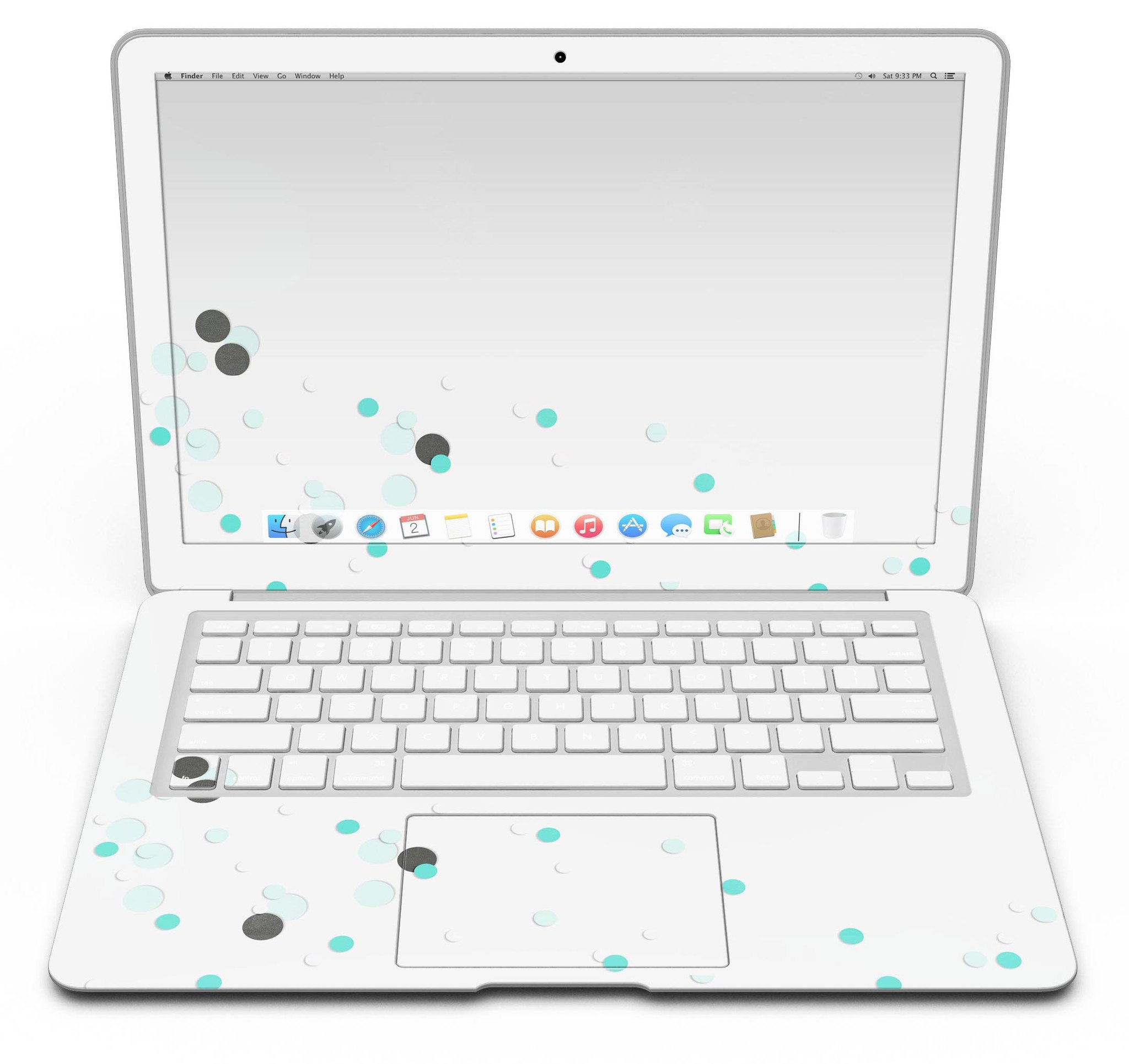 Abstract Scattered Teal Dots skin kit for MacBook Air, showcasing vibrant teal dots on a sleek surface.