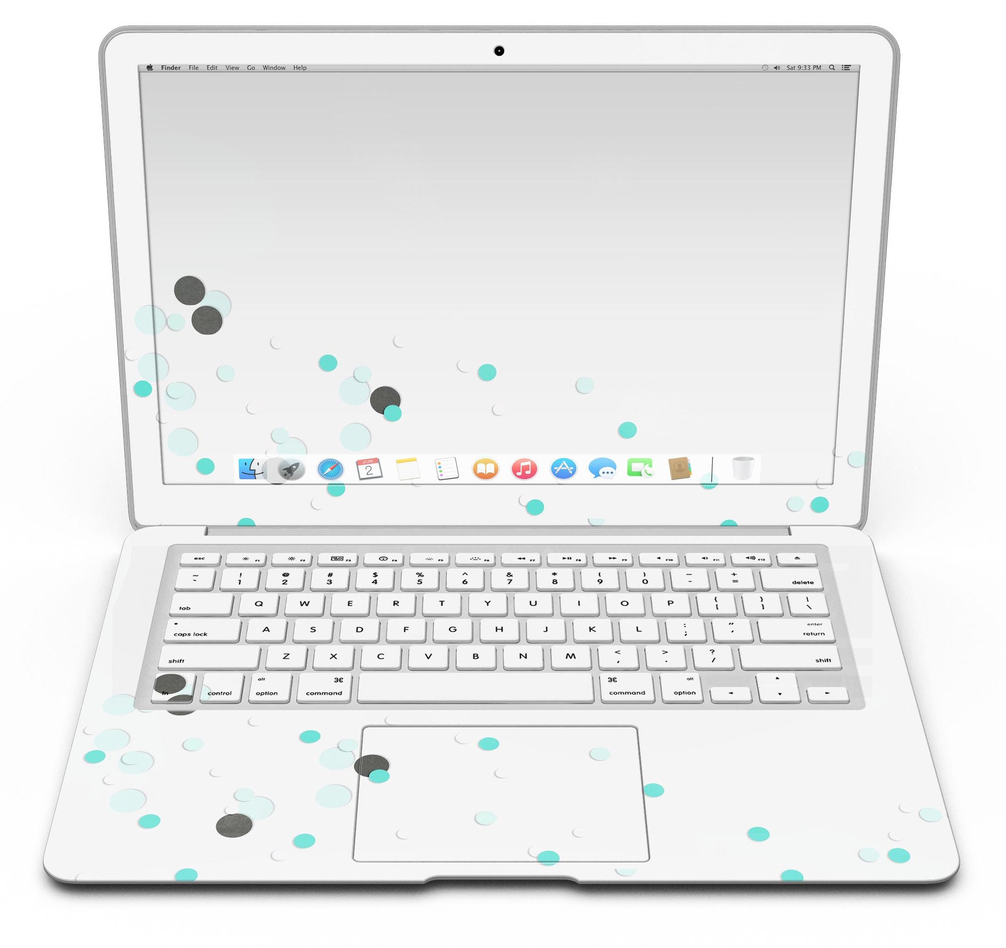 Abstract Scattered Teal Dots skin kit for MacBook Air, showcasing vibrant teal dots on a sleek surface.