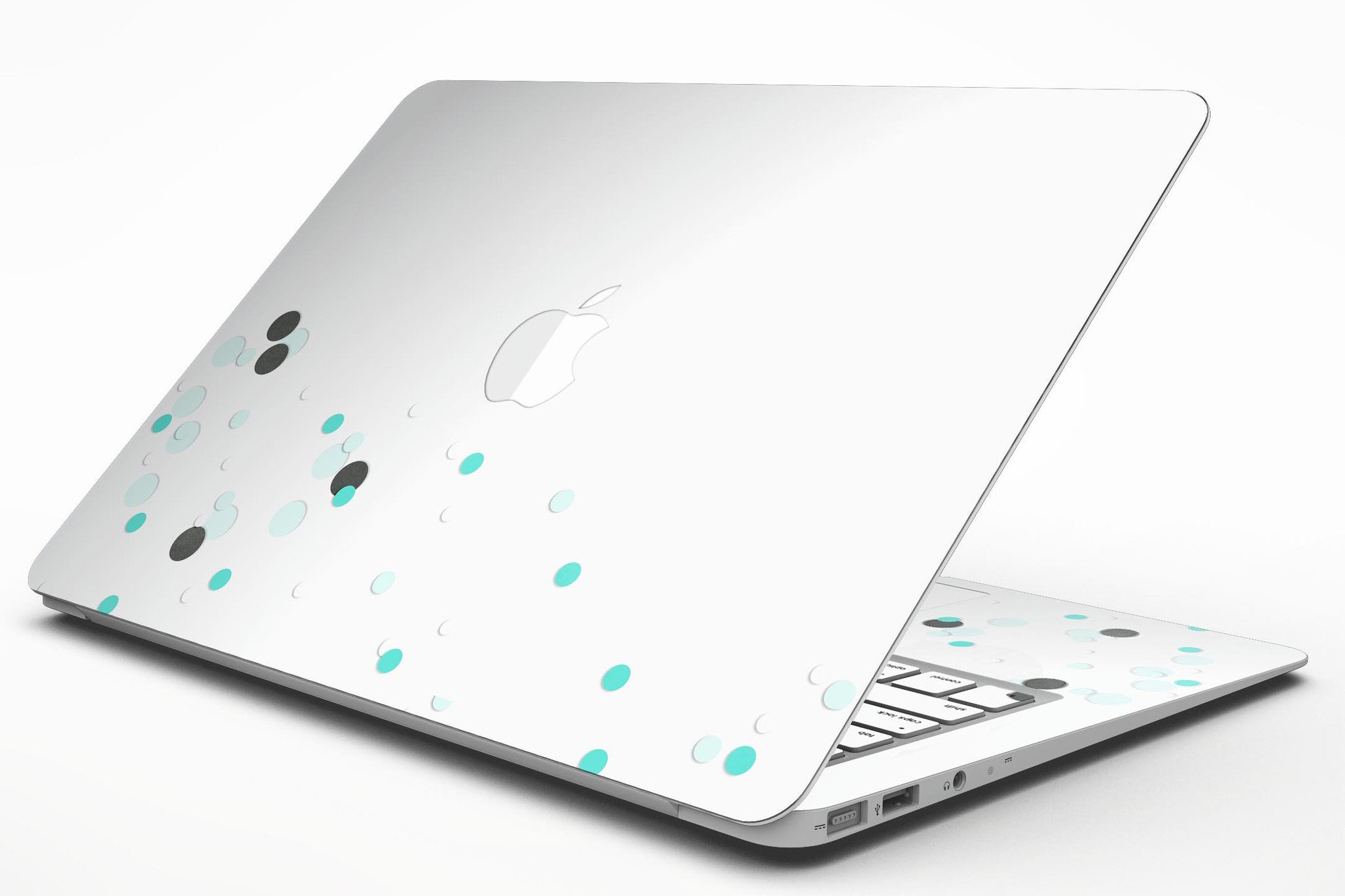 Abstract Scattered Teal Dots skin kit for MacBook Air, showcasing vibrant teal dots on a sleek surface.