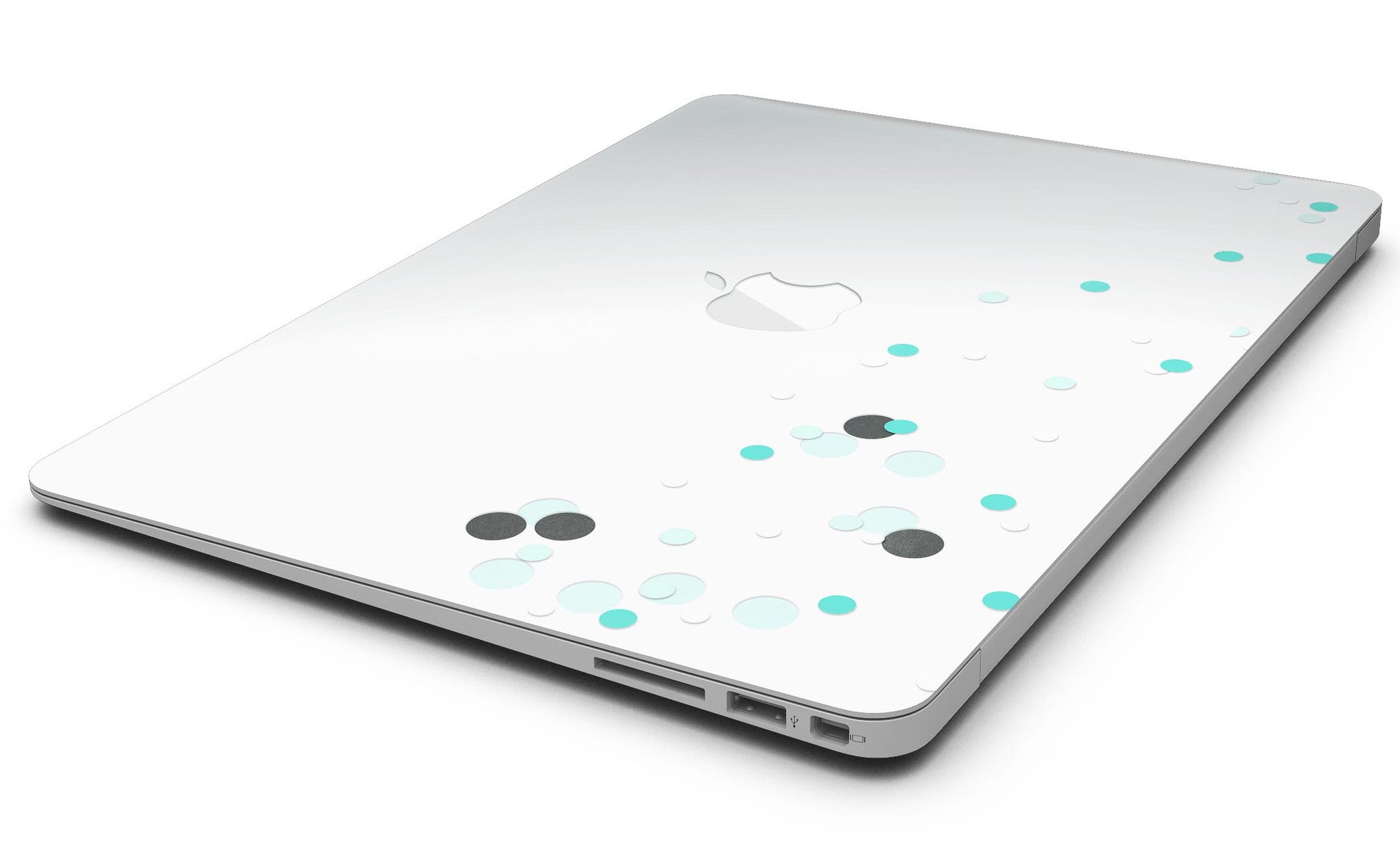 Abstract Scattered Teal Dots skin kit for MacBook Air, showcasing vibrant teal dots on a sleek surface.