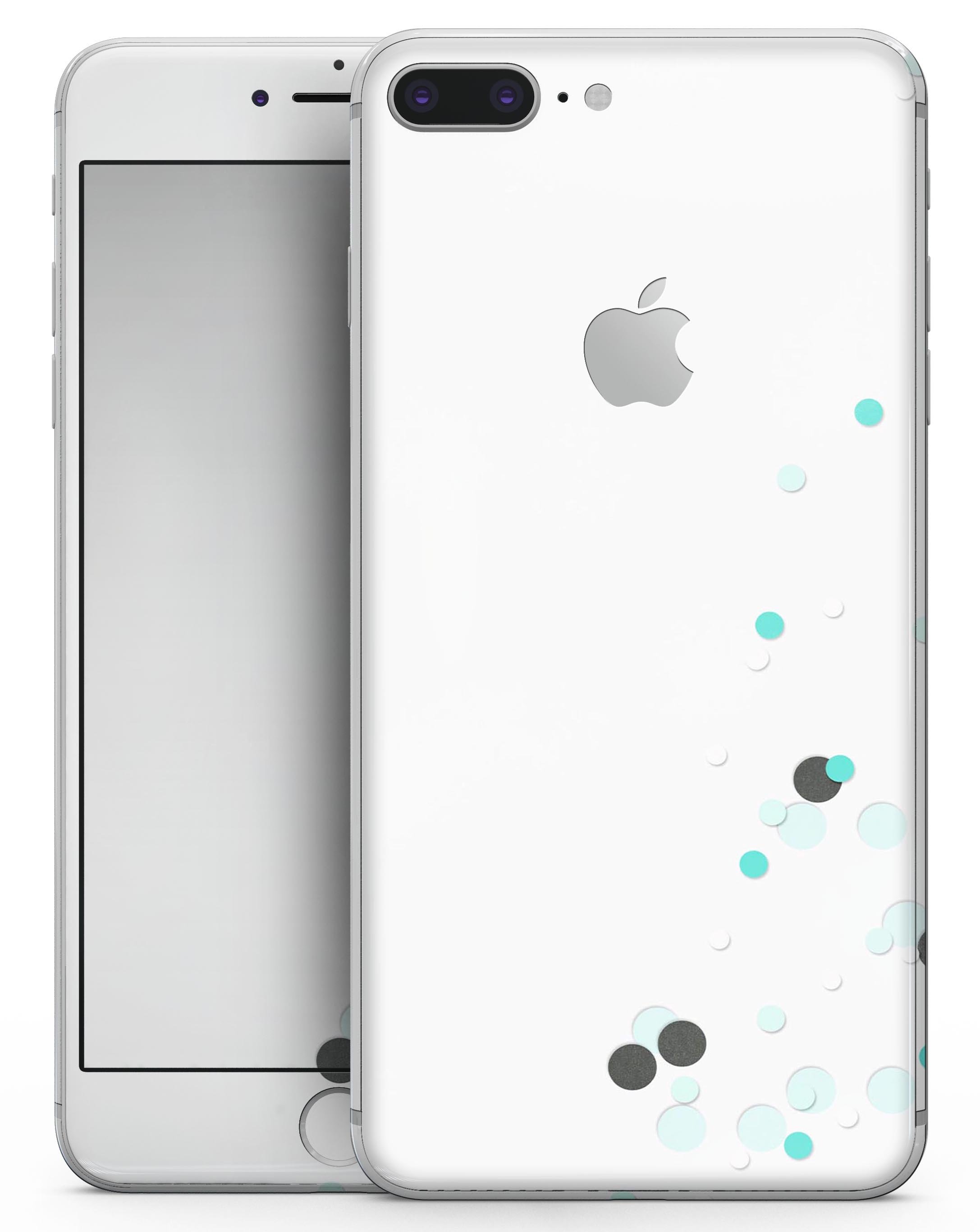 Abstract Scattered Teal Dots skin for iPhone 8 and 8 Plus, showcasing a vibrant teal dot design on a sleek device.