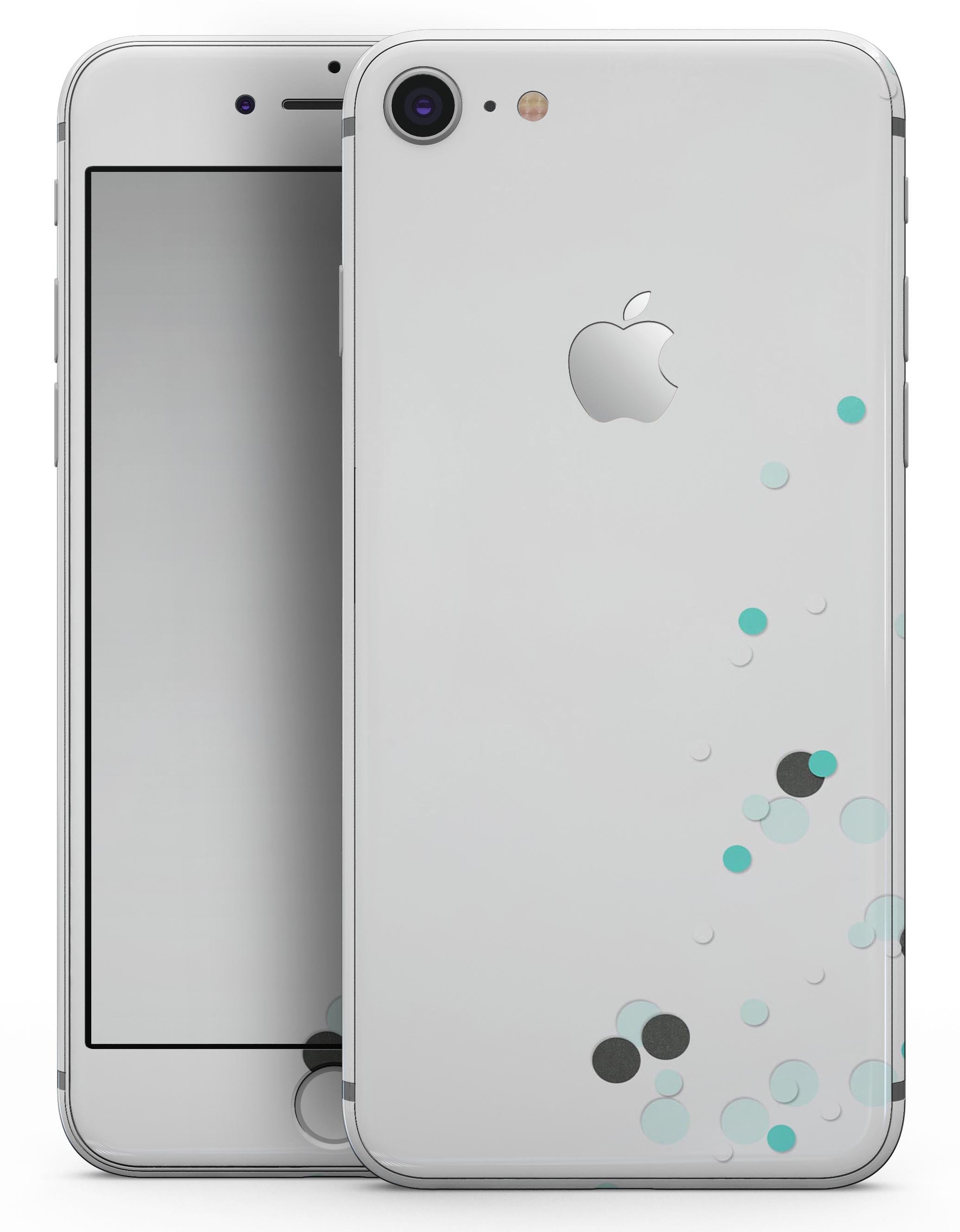 Abstract Scattered Teal Dots skin for iPhone 8 and 8 Plus, showcasing a vibrant teal dot design on a sleek device.