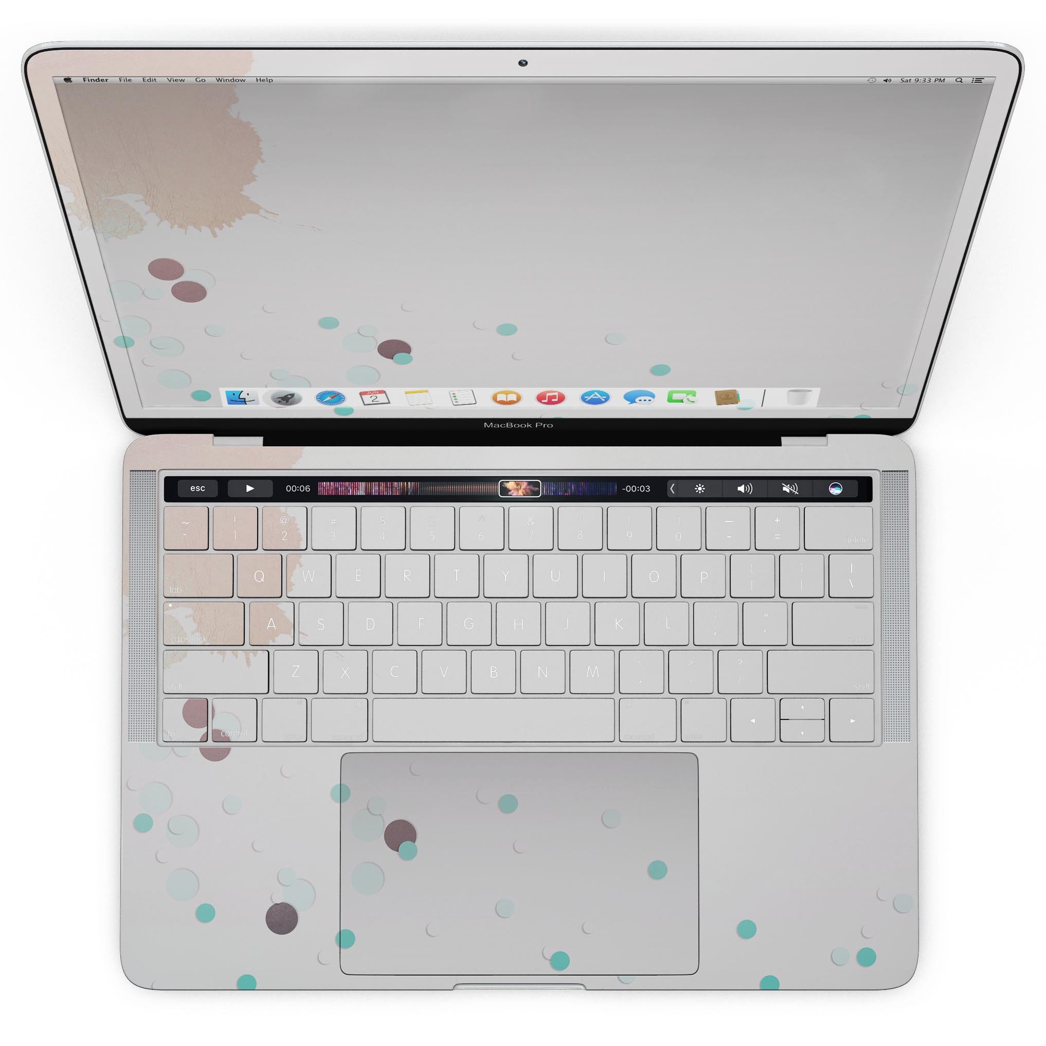 Stylish Abstract Scattered Teal Dots skin for MacBook Pro with Touch Bar, showcasing vibrant teal dots on a sleek surface.