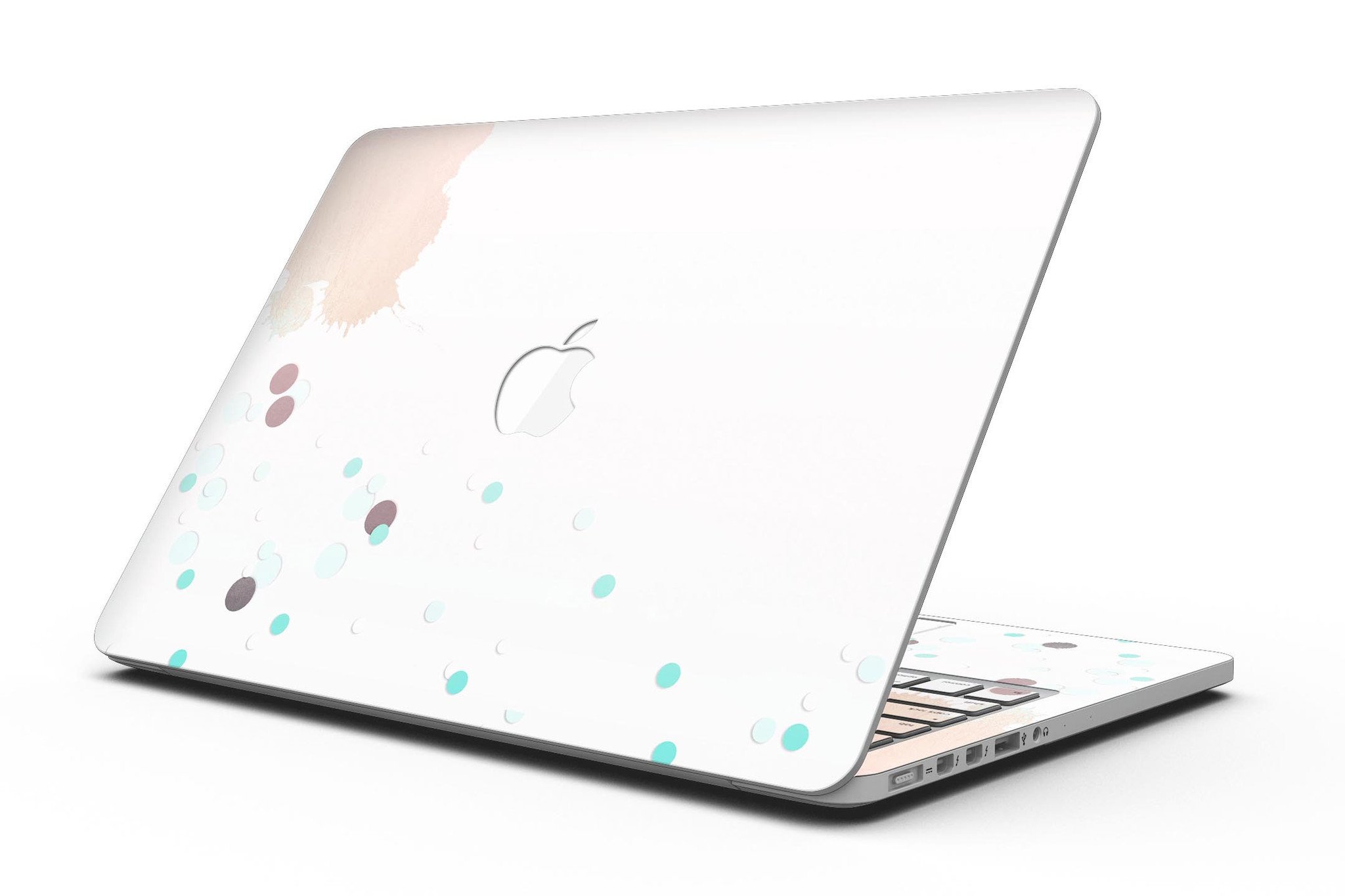 Stylish MacBook Pro skin featuring abstract teal dots and paint spill design, showcasing vibrant colors and a sleek finish.