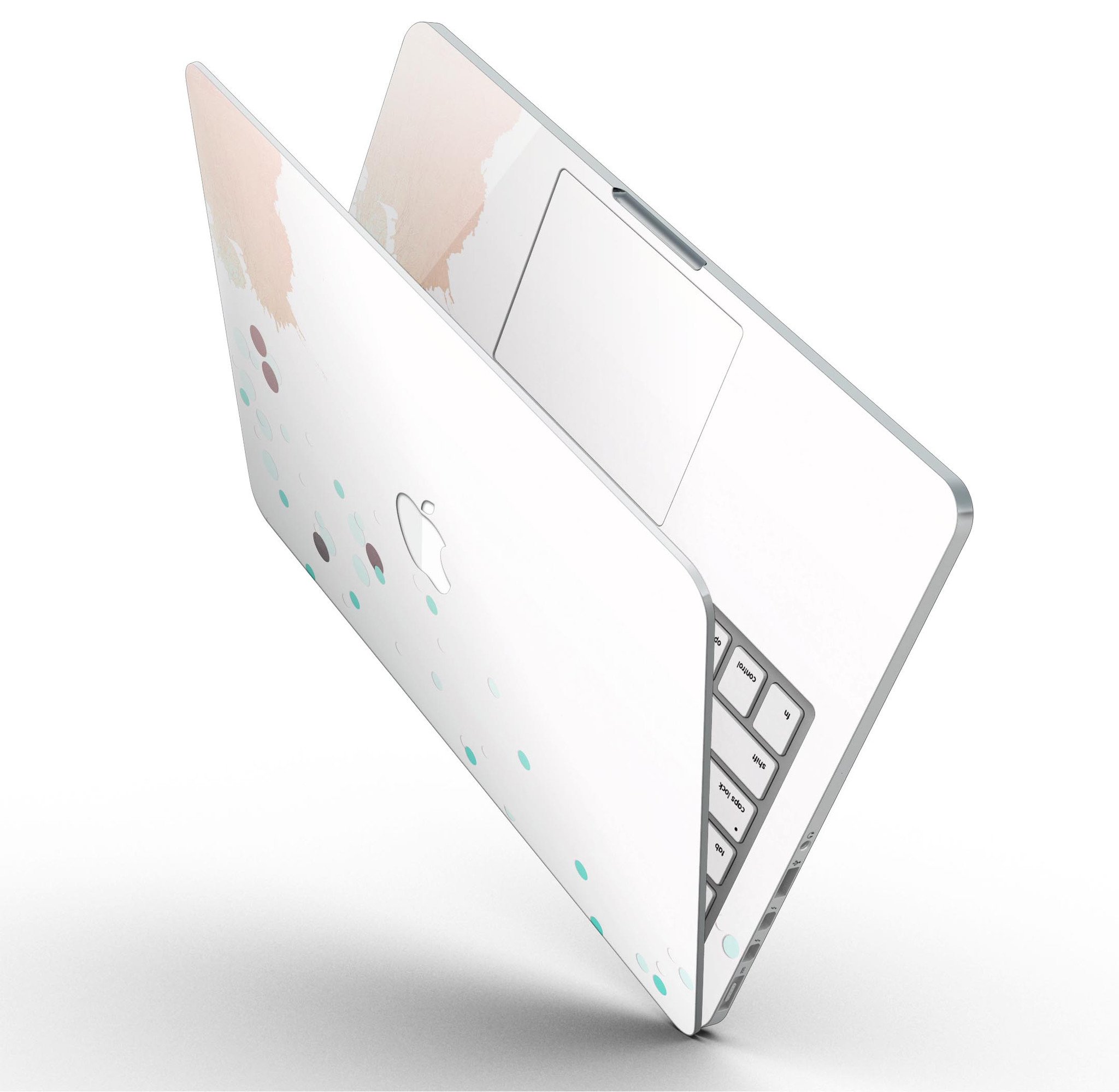 Stylish MacBook Pro skin featuring abstract teal dots and paint spill design, showcasing vibrant colors and a sleek finish.