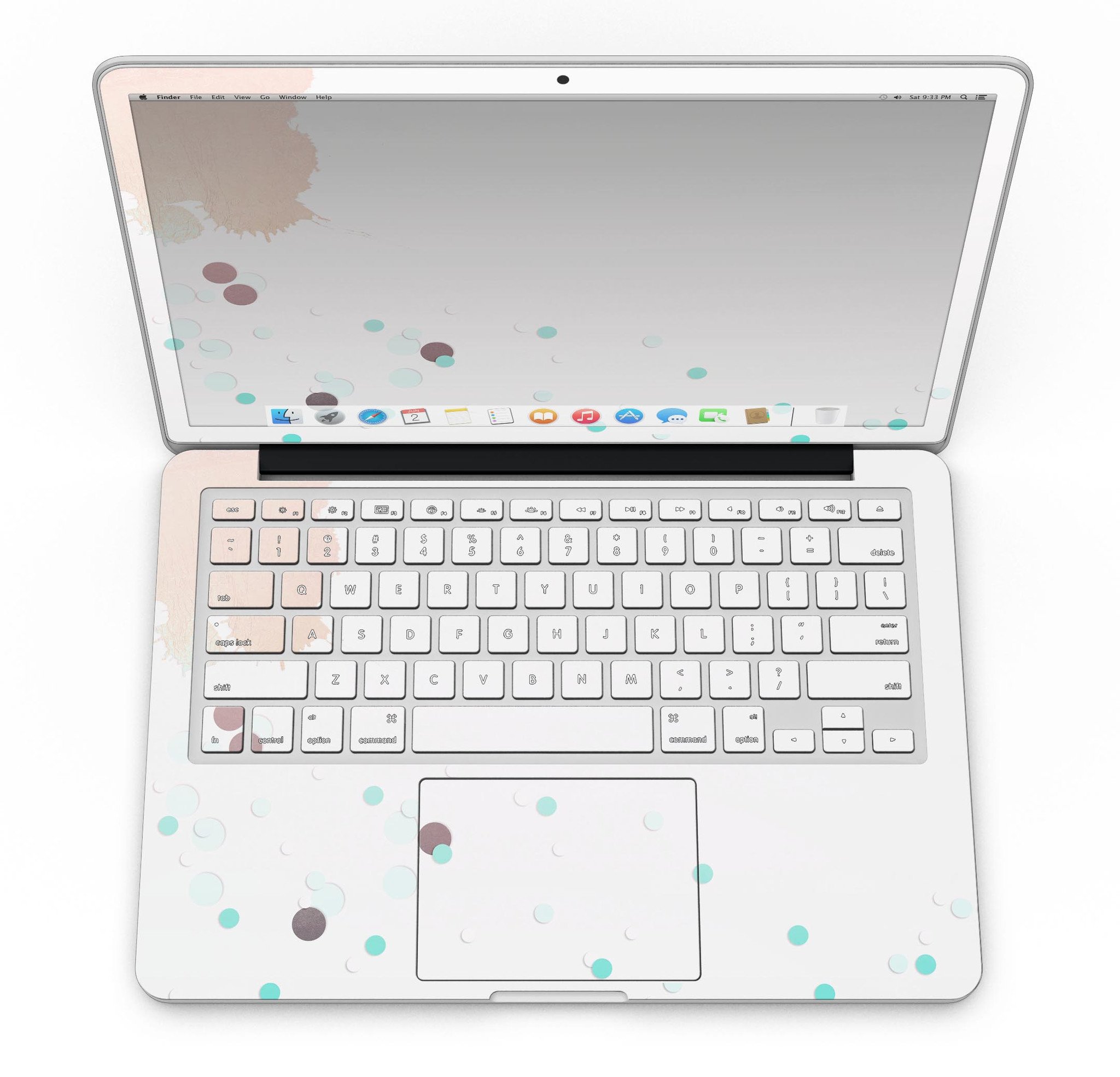 Stylish MacBook Pro skin featuring abstract teal dots and paint spill design, showcasing vibrant colors and a sleek finish.