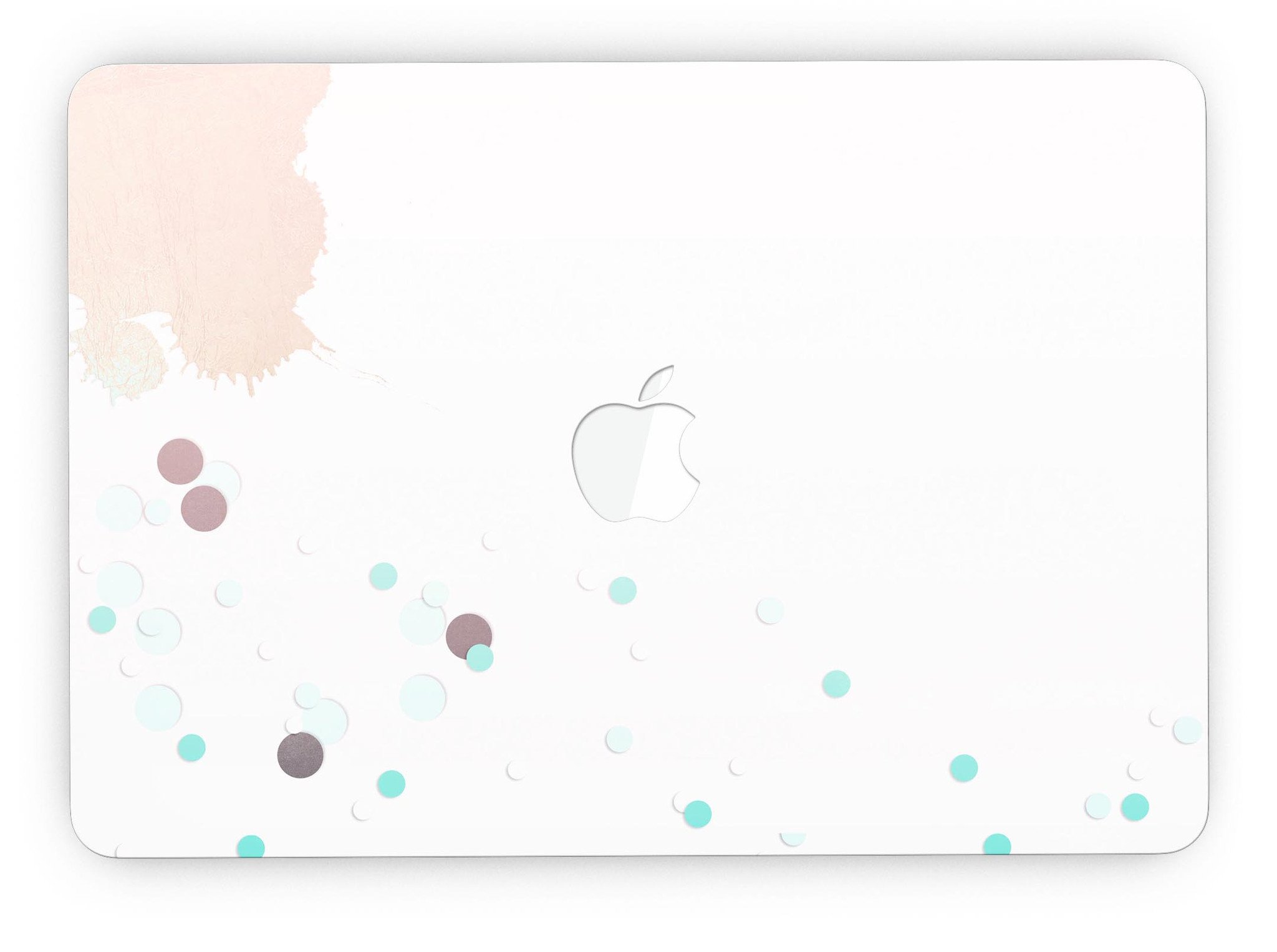 Stylish MacBook Pro skin featuring abstract teal dots and paint spill design, showcasing vibrant colors and a sleek finish.