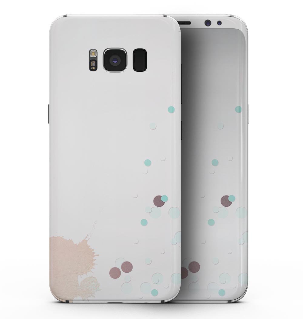 Samsung Galaxy S8 with Abstract Scattered Teal Dots skin, showcasing vibrant teal dots on a sleek surface.