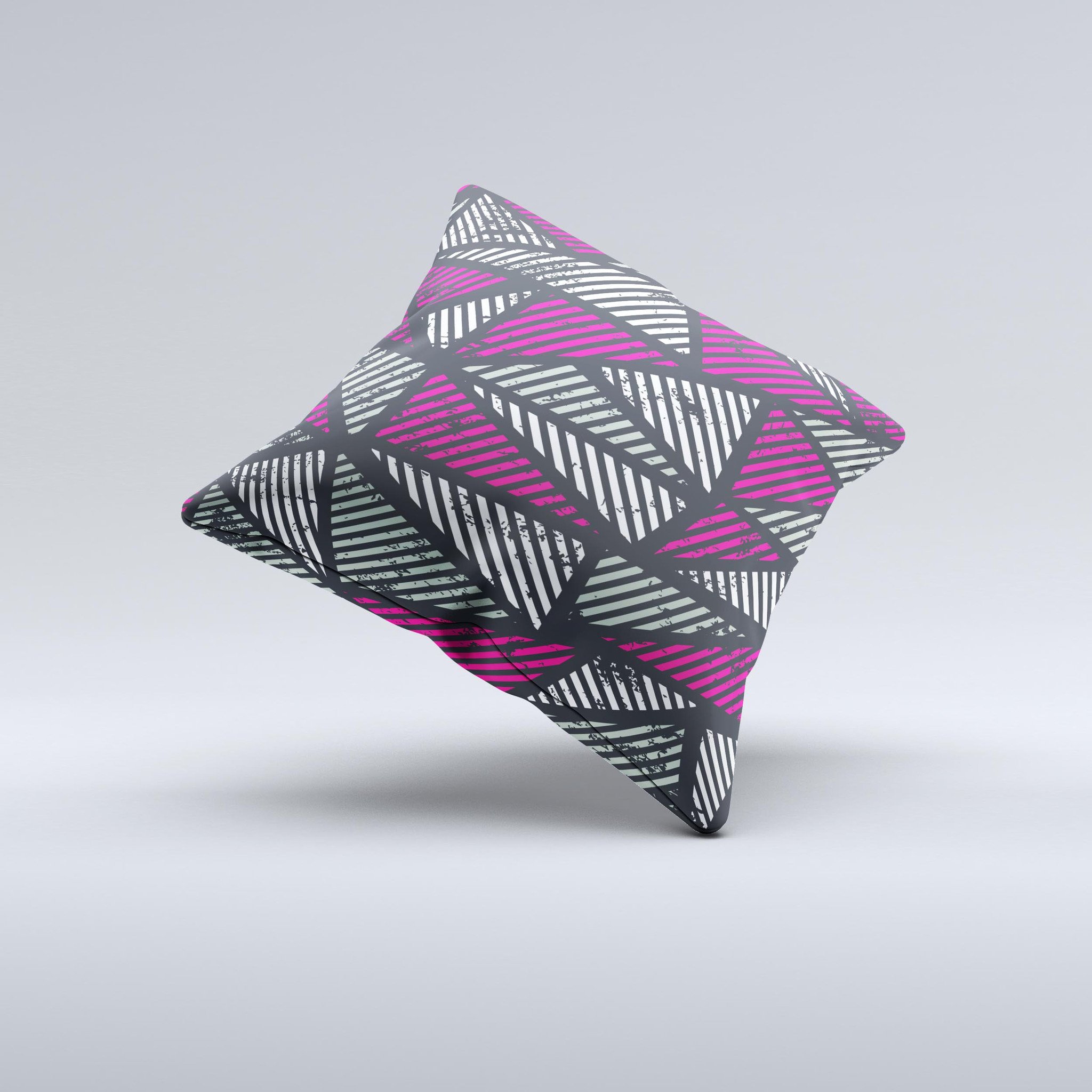 A vibrant decorative throw pillow featuring abstract striped triangles, handcrafted in Virginia with a unique ink-fuzed design.