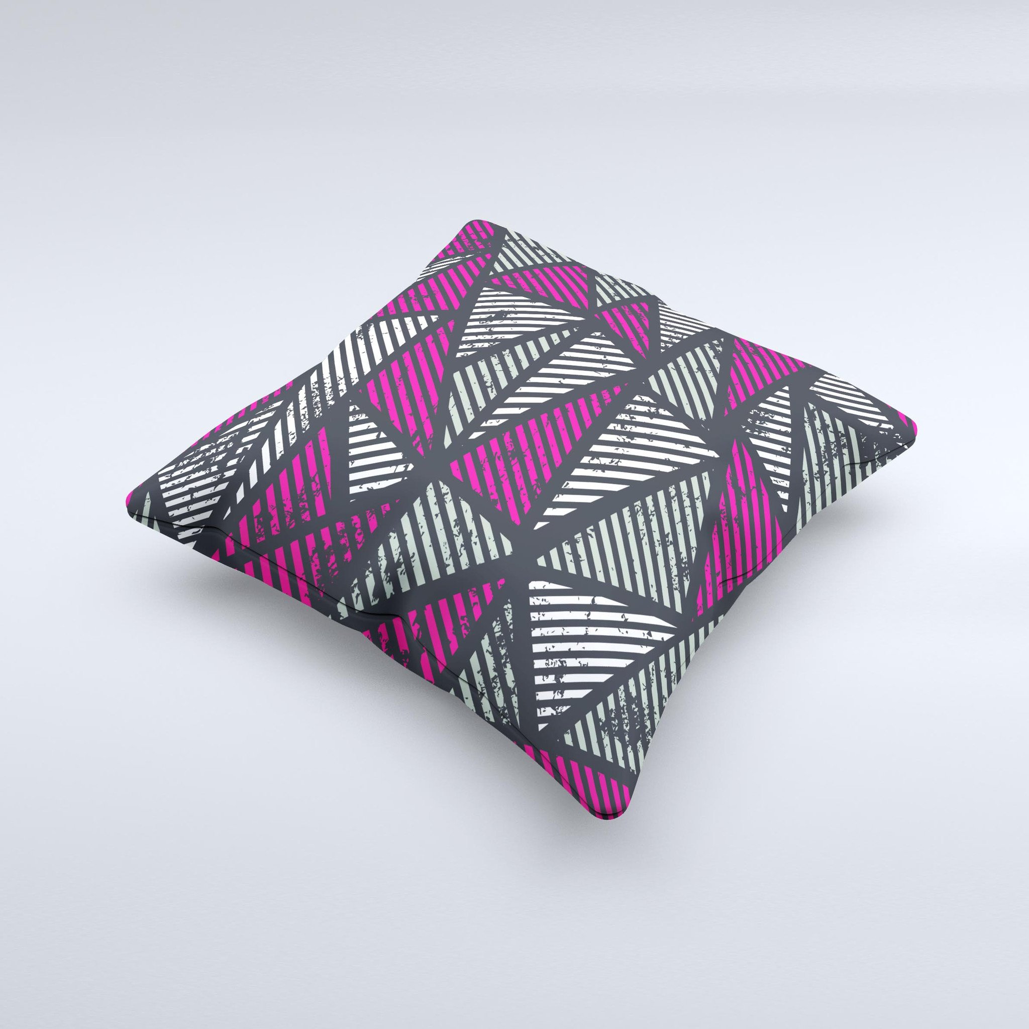 A vibrant decorative throw pillow featuring abstract striped triangles, handcrafted in Virginia with a unique ink-fuzed design.