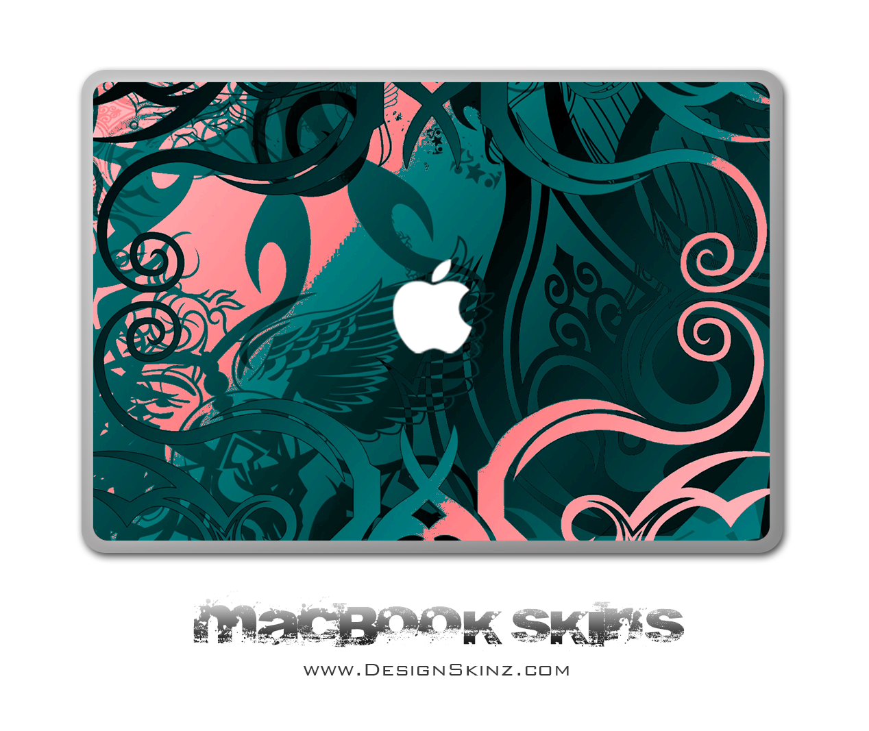 Abstract Swirls MacBook Skin featuring vibrant colors and a sleek design, available for various MacBook sizes with Apple logo cutout.