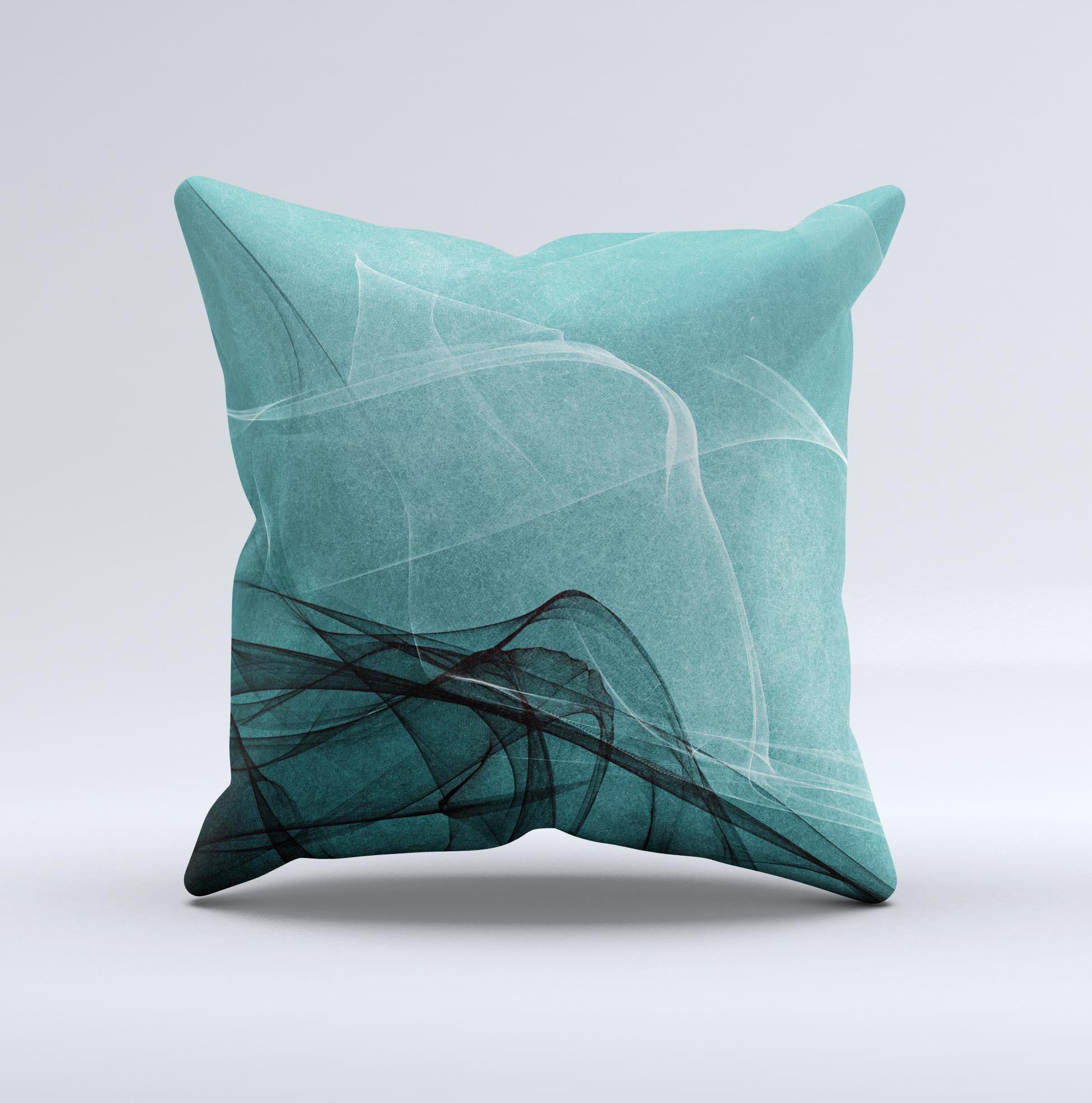 Abstract Teal and Black Curves ink-Fuzed Decorative Throw Pillow showcasing unique design and high-quality fabric.