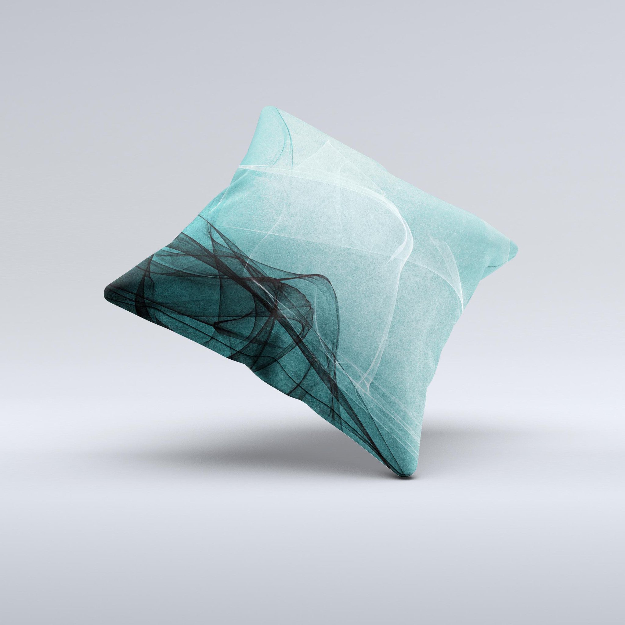 Abstract Teal and Black Curves ink-Fuzed Decorative Throw Pillow showcasing unique design and high-quality fabric.