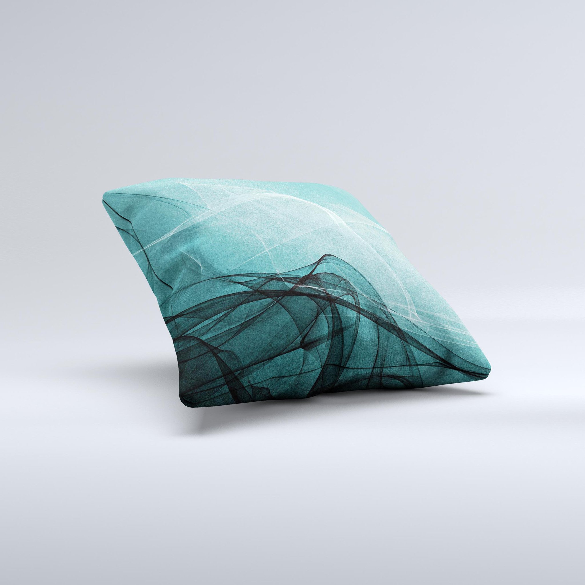 Abstract Teal and Black Curves ink-Fuzed Decorative Throw Pillow showcasing unique design and high-quality fabric.