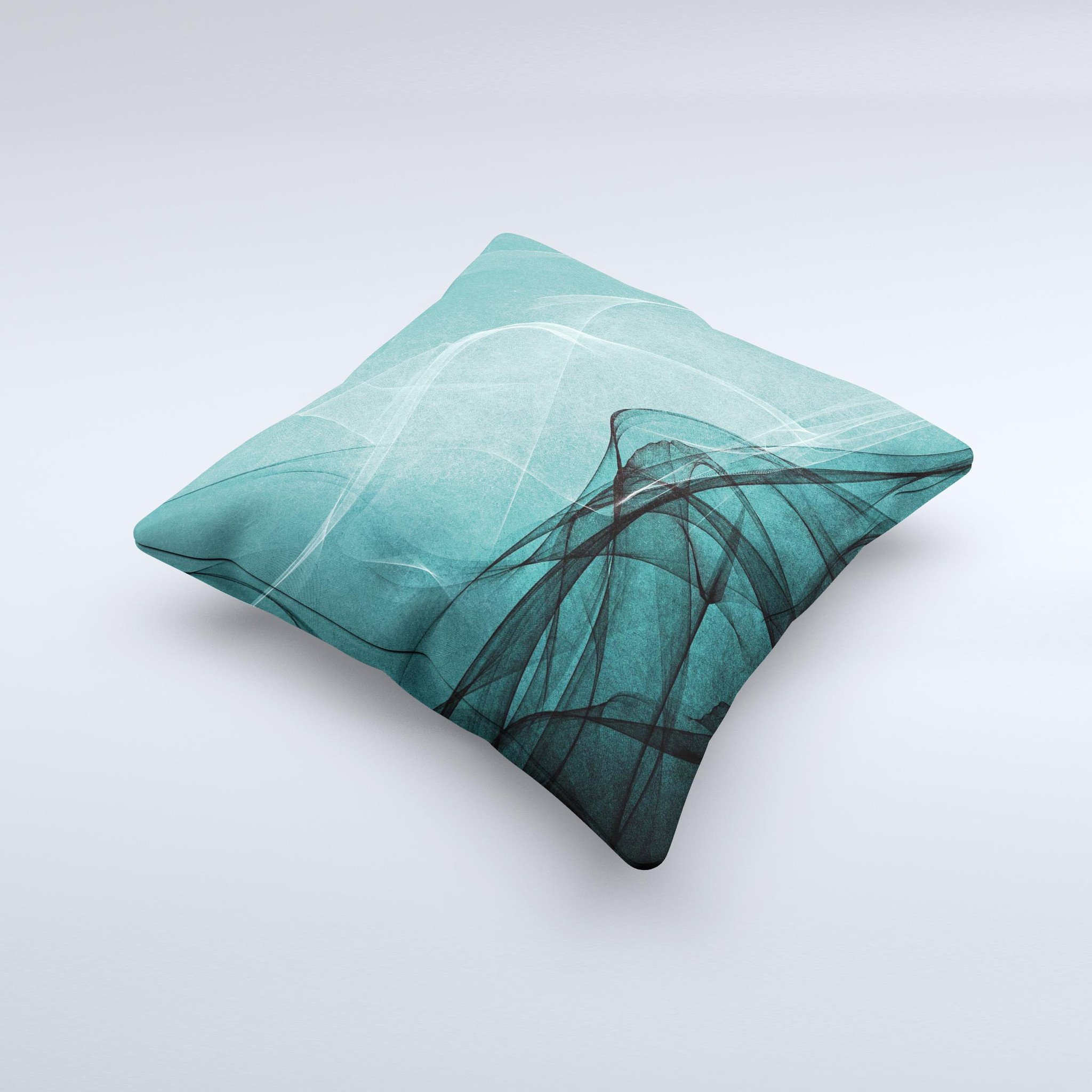 Abstract Teal and Black Curves ink-Fuzed Decorative Throw Pillow showcasing unique design and high-quality fabric.