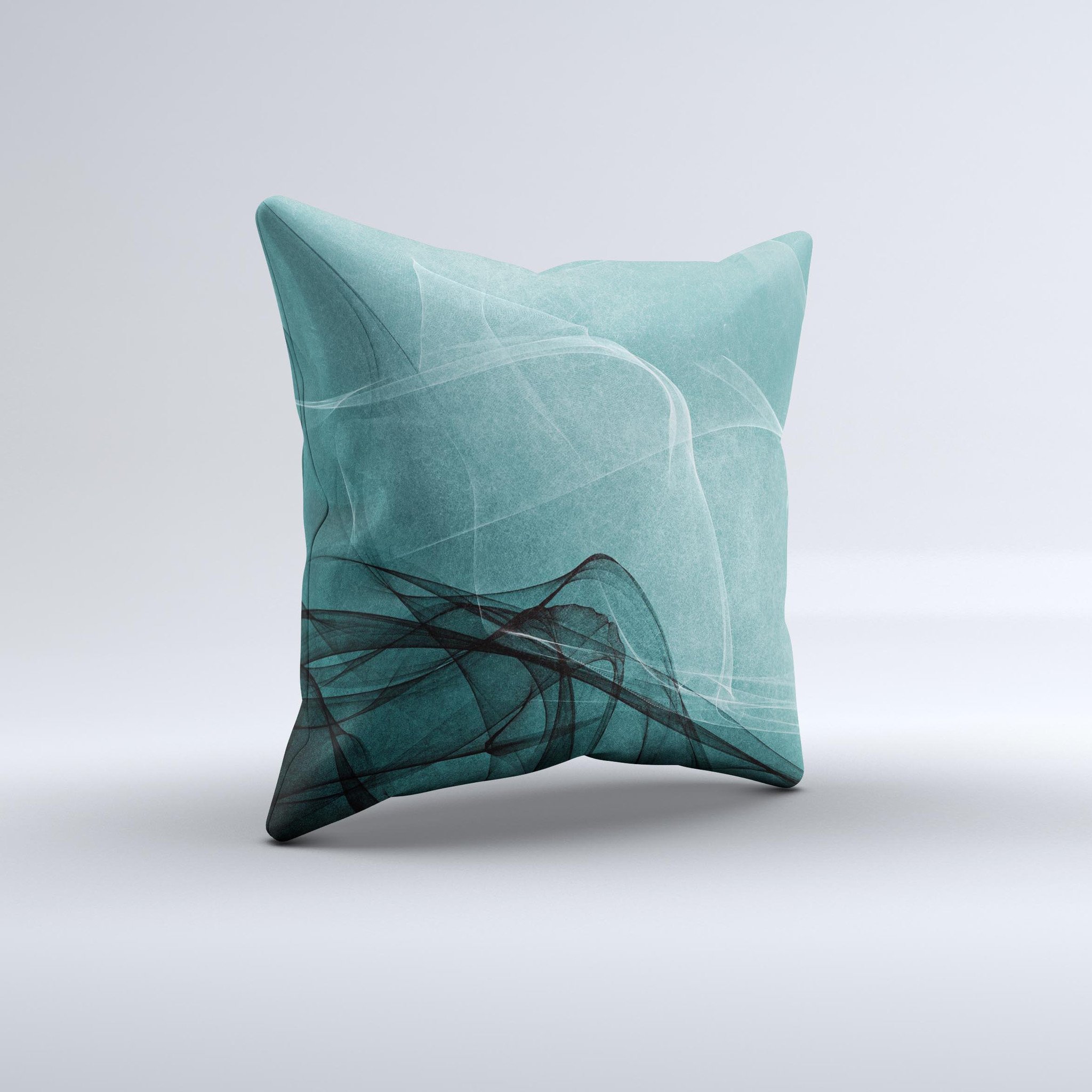 Abstract Teal and Black Curves ink-Fuzed Decorative Throw Pillow showcasing unique design and high-quality fabric.