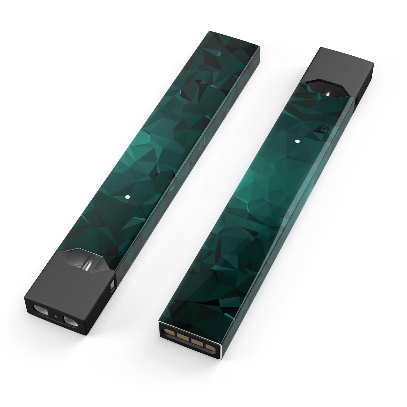 Abstract teal geometric shapes skin-wrap for JUUL vaping device, showcasing vibrant colors and modern design.