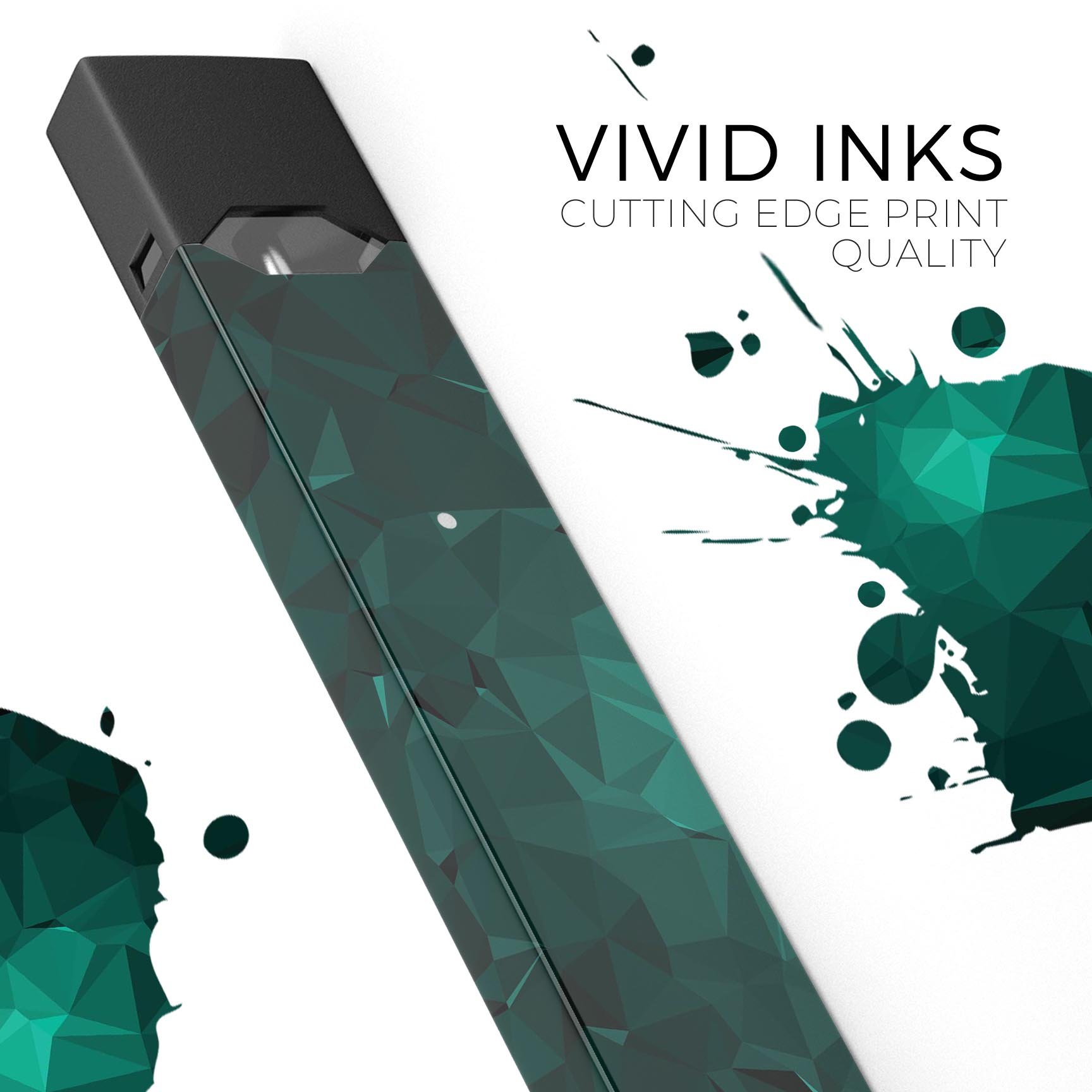 Abstract teal geometric shapes skin-wrap for JUUL vaping device, showcasing vibrant colors and modern design.