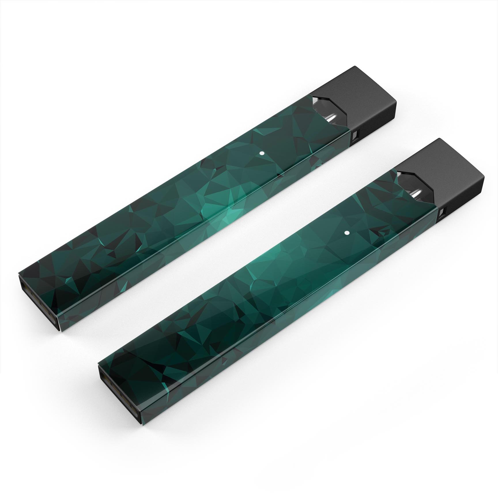 Abstract teal geometric shapes skin-wrap for JUUL vaping device, showcasing vibrant colors and modern design.