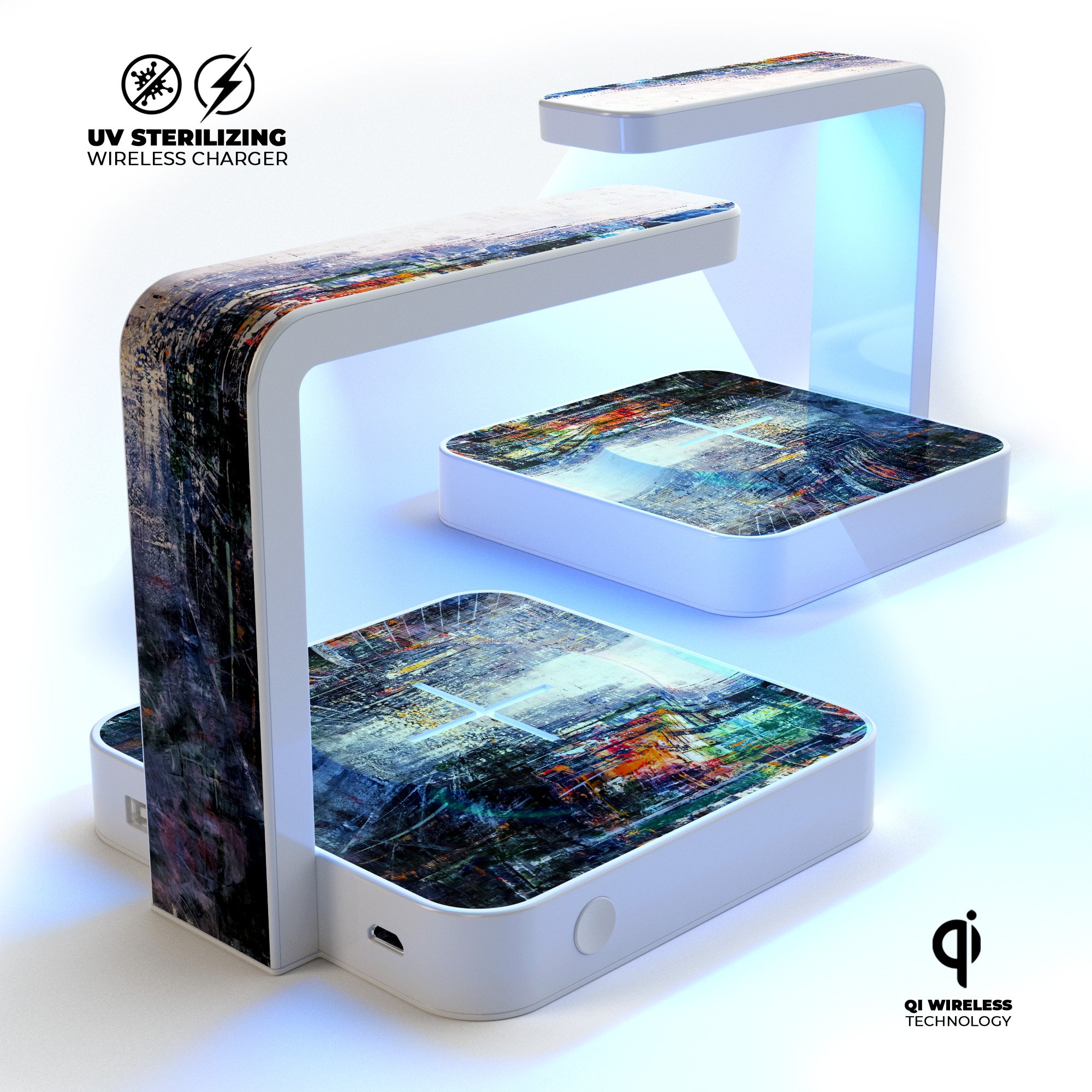 Abstract Times Square UV Germicidal Sanitizing Wireless Charger with phone placed on it, showcasing its sleek design and functionality.