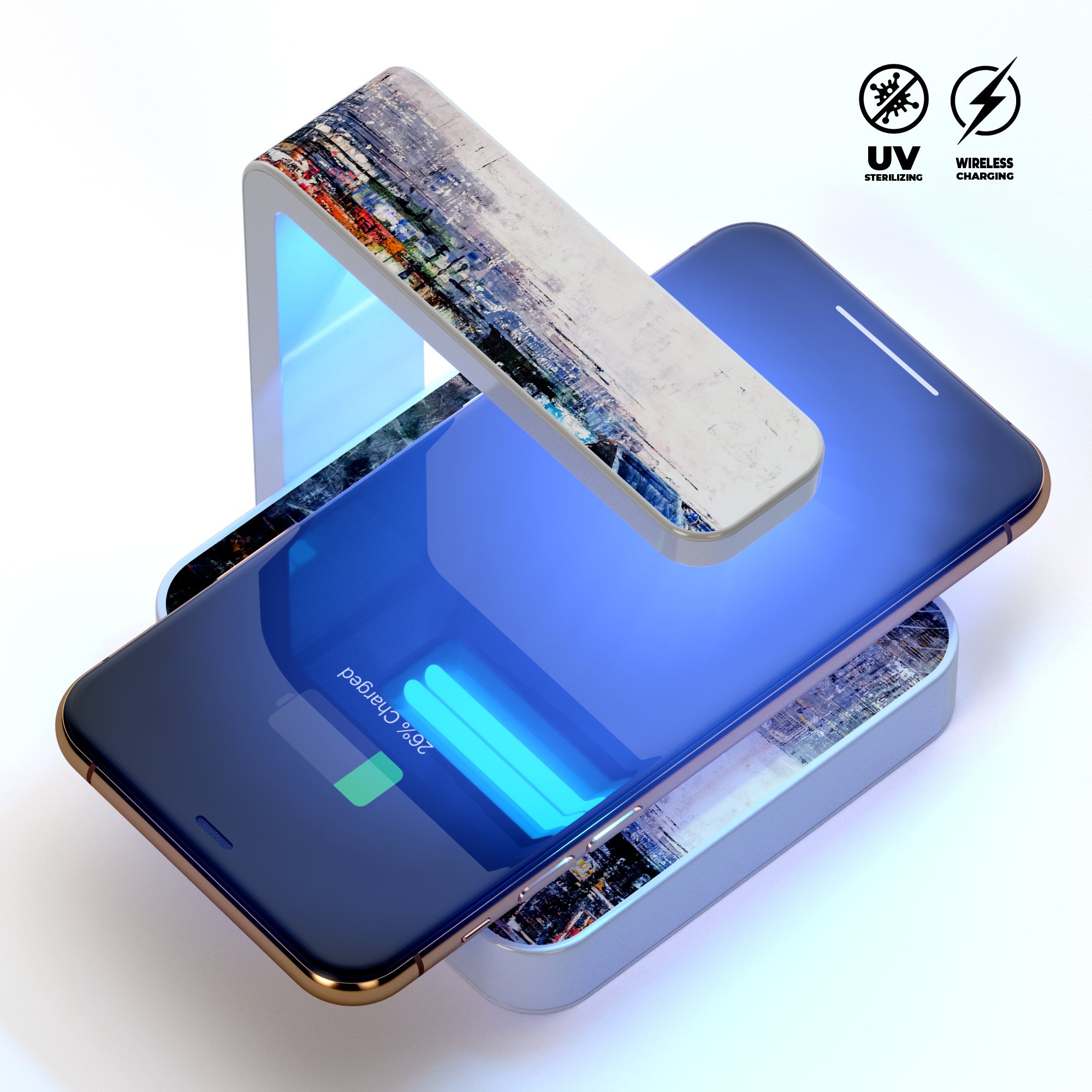 Abstract Times Square UV Germicidal Sanitizing Wireless Charger with phone placed on it, showcasing its sleek design and functionality.