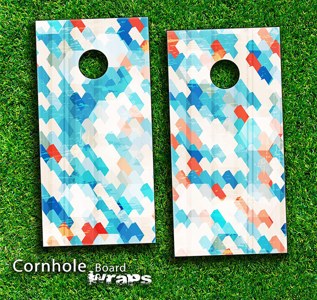 Abstract turquoise tiled vinyl wrap for cornhole boards, showcasing vibrant colors and unique design.