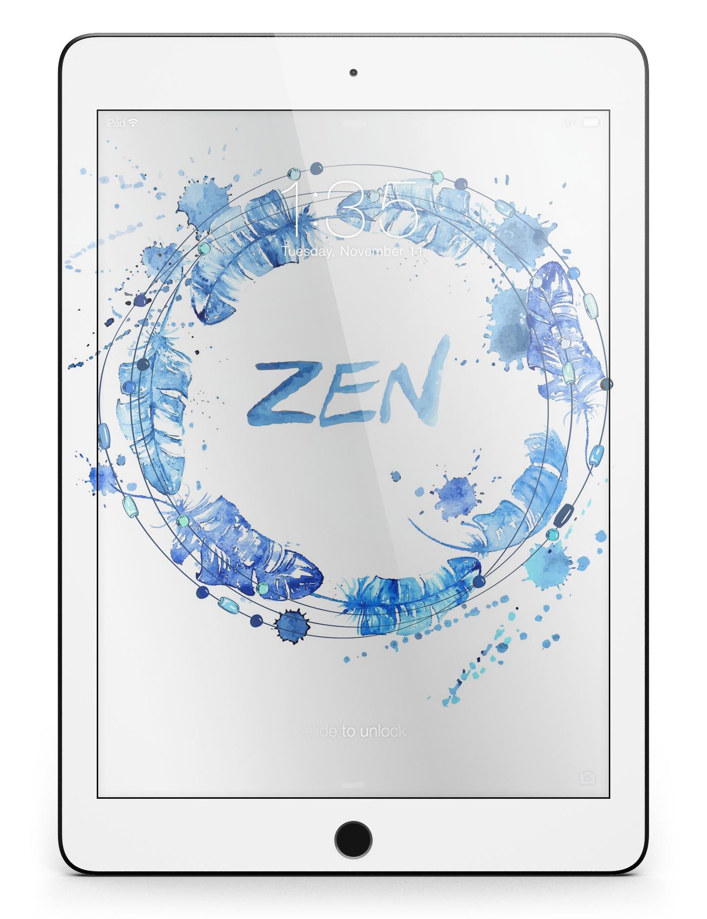 Abstract Watercolor Blue Feather Circle skin for iPad Pro, showcasing vibrant colors and intricate feather design.