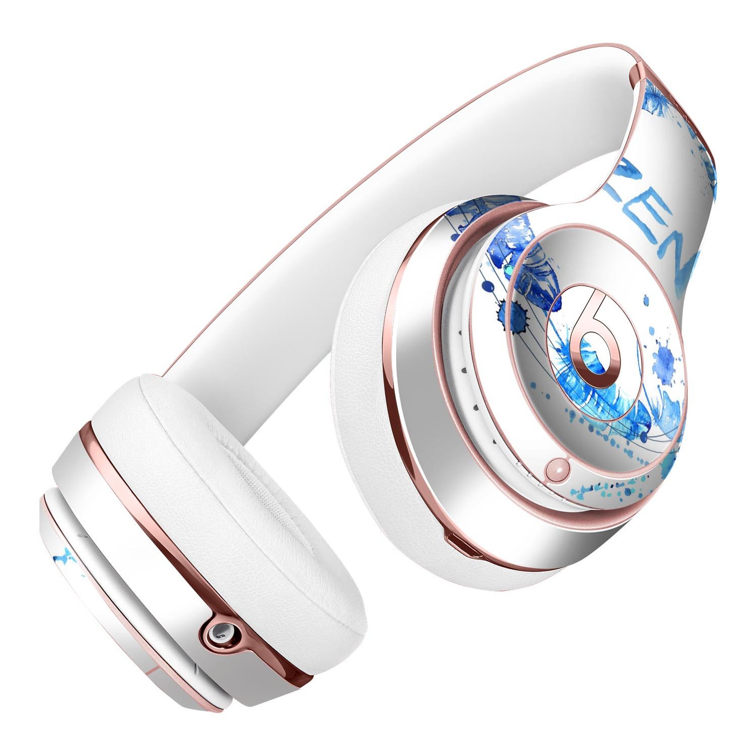 Abstract Watercolor Blue Feather Circle Skin Kit for Beats by Dre Solo 3 Wireless Headphones, showcasing vibrant colors and unique design.