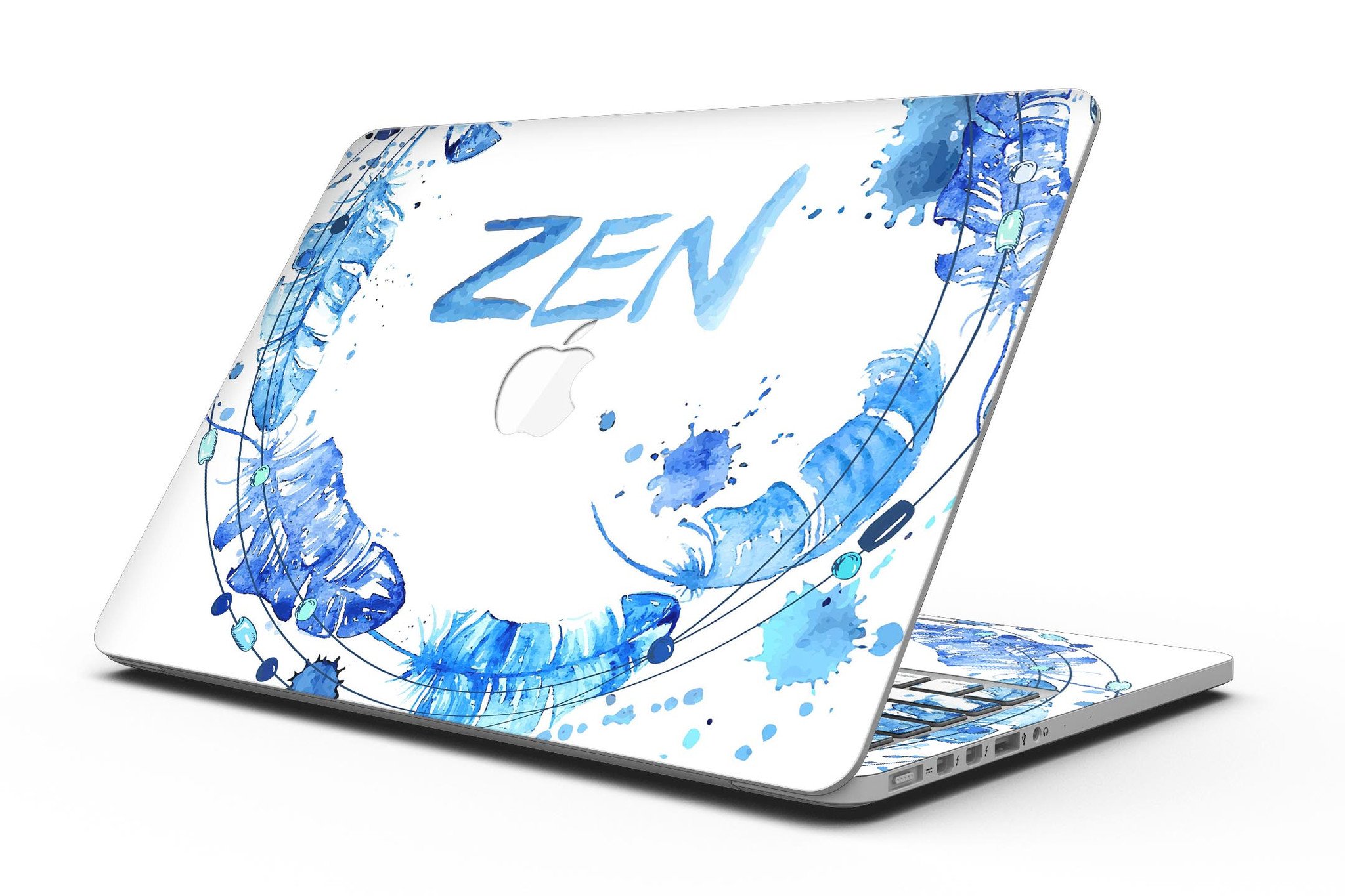 Abstract Watercolor Blue Feather Circle skin for MacBook Pro with Retina Display, showcasing vibrant colors and intricate feather design.