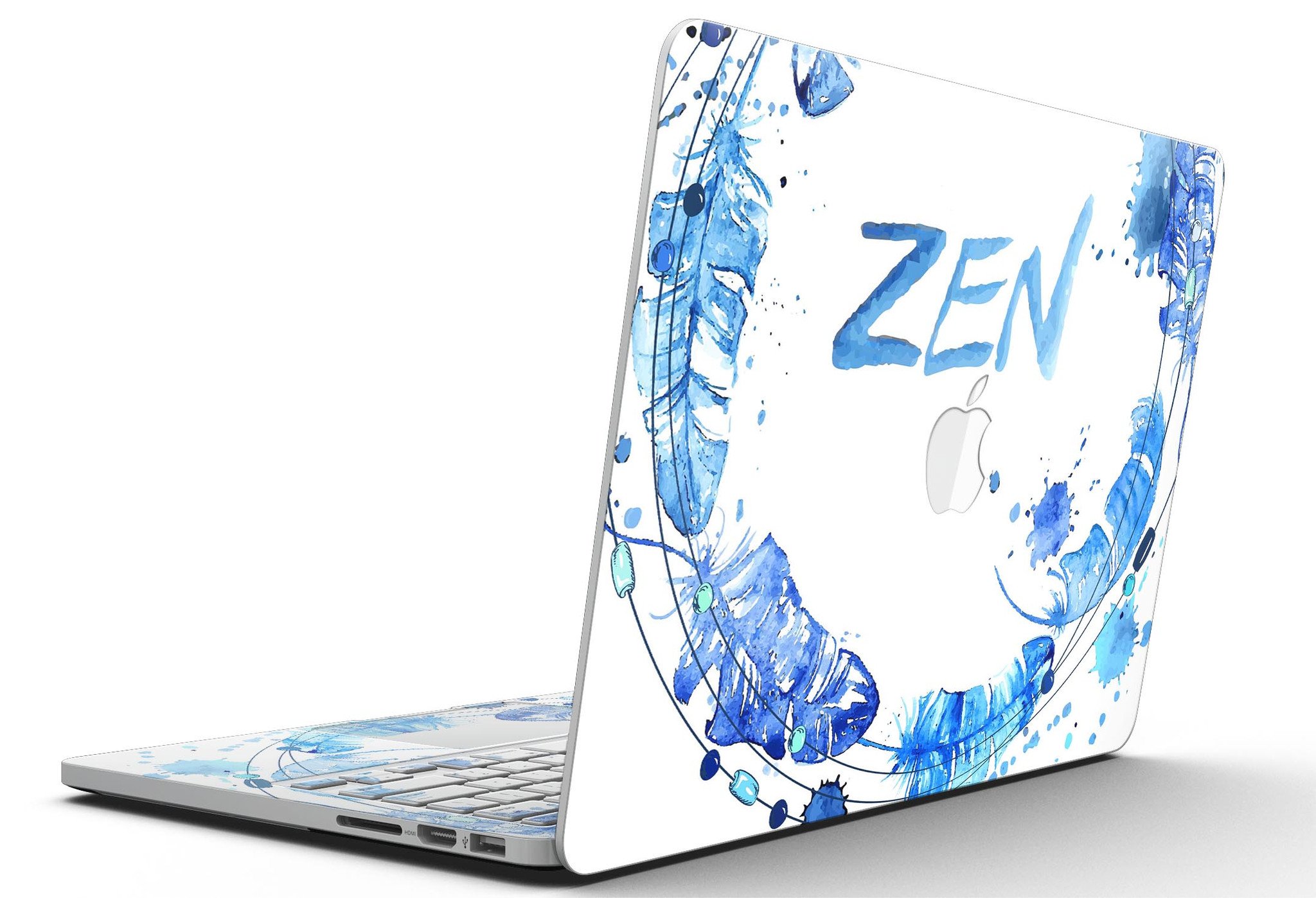 Abstract Watercolor Blue Feather Circle skin for MacBook Pro with Retina Display, showcasing vibrant colors and intricate feather design.